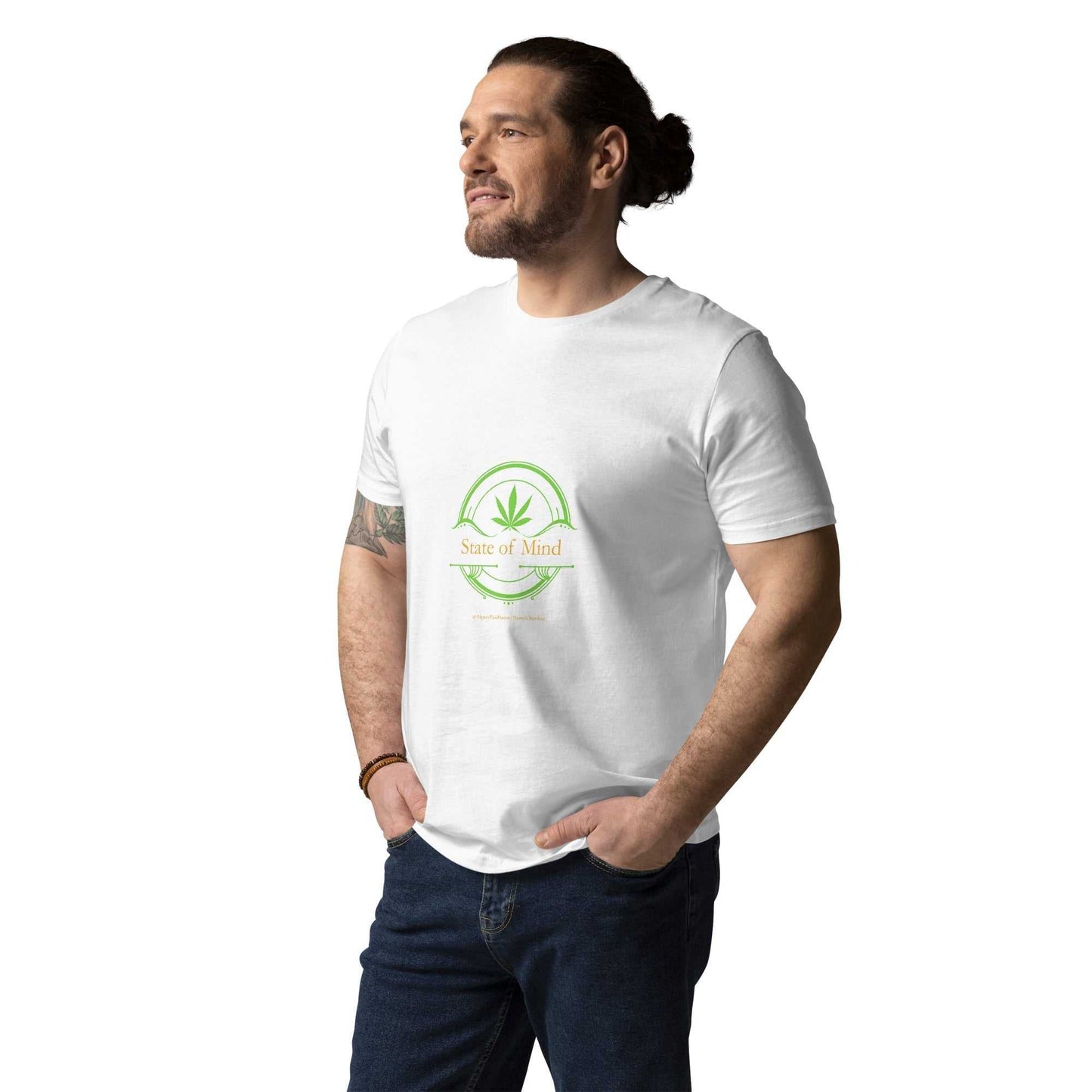 White Organic Cotton Unisex T-Shirt - State of Mind print in green, breathable and sustainable for casual eco-friendly fashion.