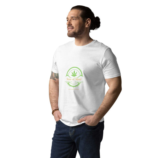 White Organic Cotton Unisex T-Shirt - State of Mind print in green, breathable and sustainable for casual eco-friendly fashion.