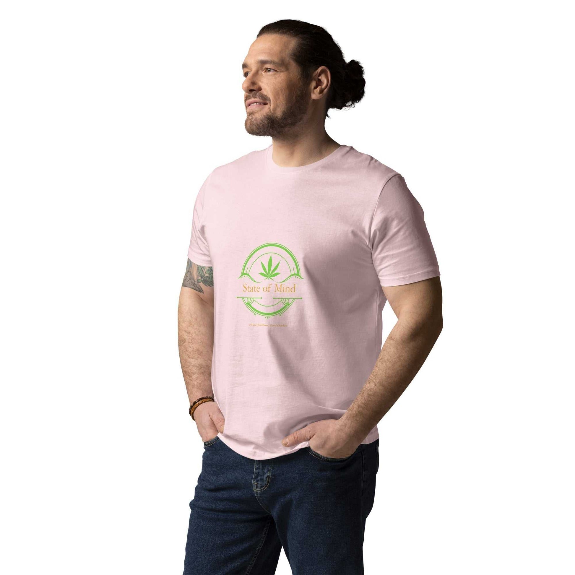 Light Pink Organic Cotton Unisex T-Shirt - State of Mind green emblem, eco-friendly and relaxed fit for sustainable fashion wearers.