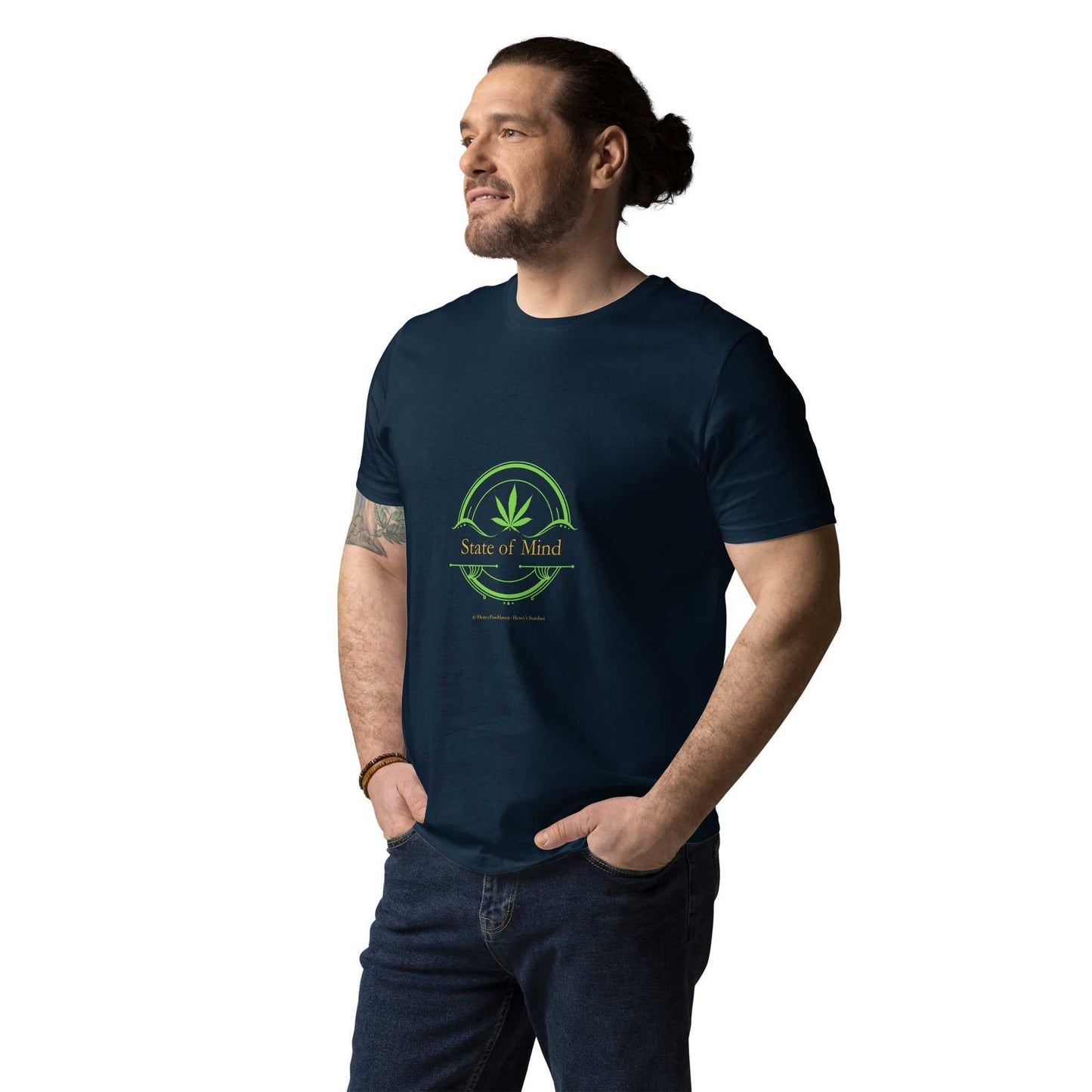 Dark Navy Organic Cotton Unisex T-Shirt - State of Mind green emblem, sustainable and stylish for eco-friendly fashion enthusiasts.