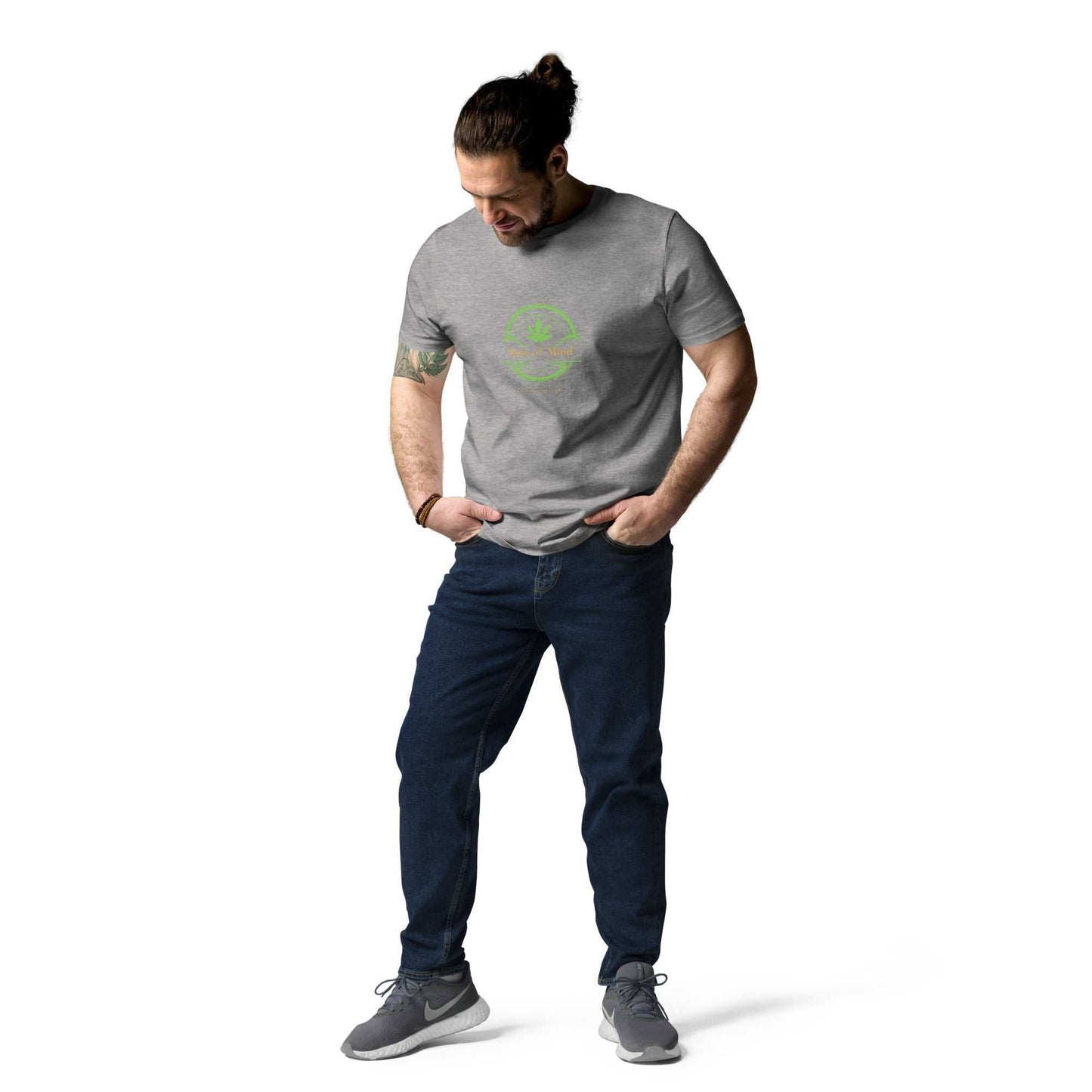 Heather gray State of Mind organic cotton unisex t-shirt with green emblem. Relaxed fit and sustainable design for mindful fashion.