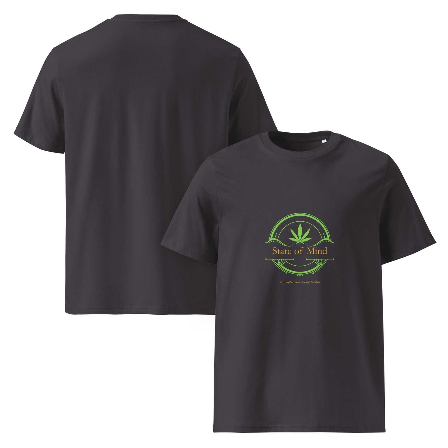 Front and back view of Dark Gray Organic Cotton Unisex T-Shirt - State of Mind green emblem, eco-conscious and stylish for casual fashion.