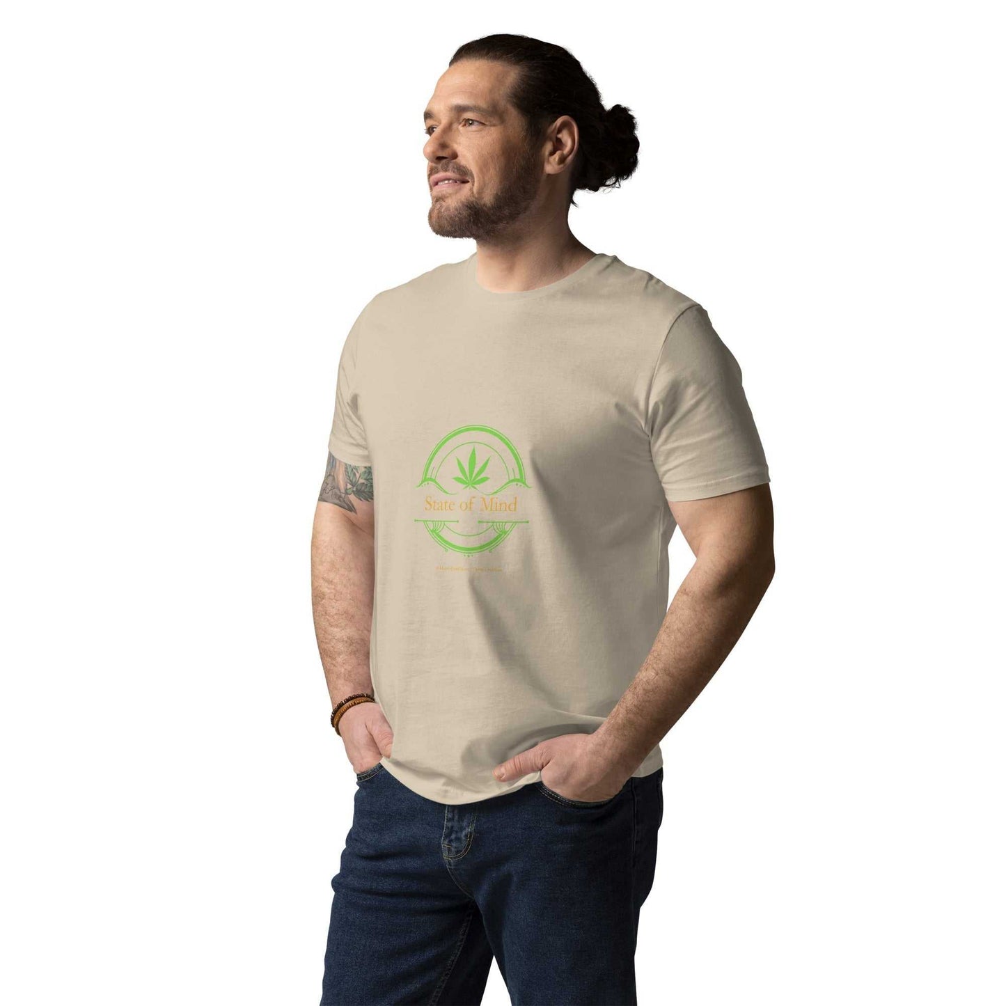 Beige Organic Cotton Unisex T-Shirt - State of Mind green emblem tee, soft and breathable for sustainable and mindful clothing lovers.
