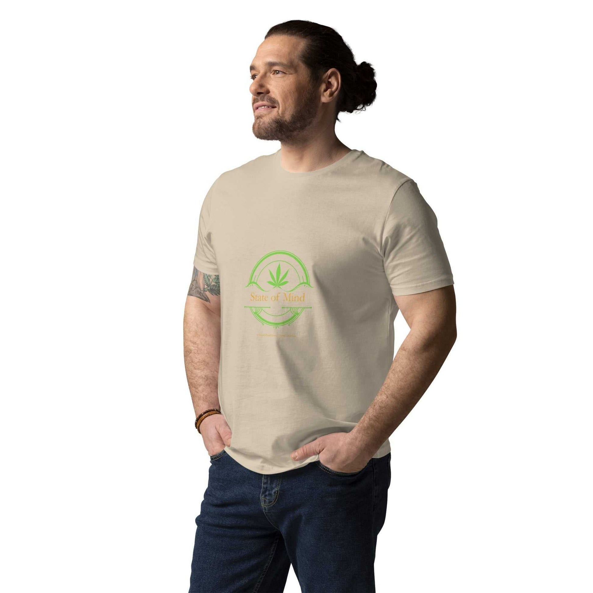 Beige Organic Cotton Unisex T-Shirt - State of Mind green emblem tee, soft and breathable for sustainable and mindful clothing lovers.