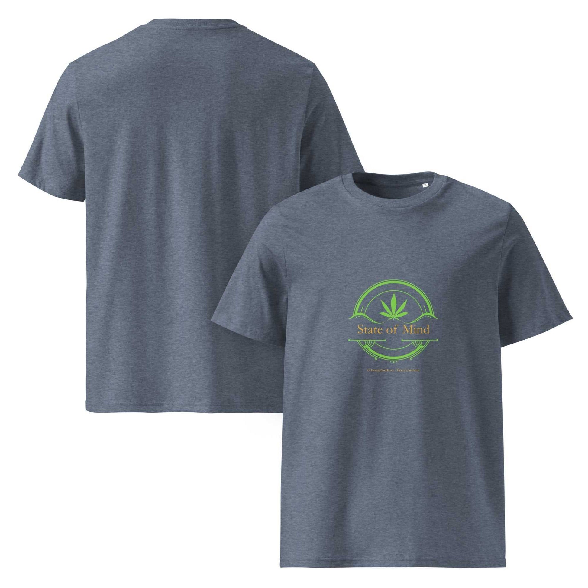 Front and back view of Heather Blue Organic Cotton Unisex T-Shirt - State of Mind green emblem, sustainable and comfortable for daily wear.