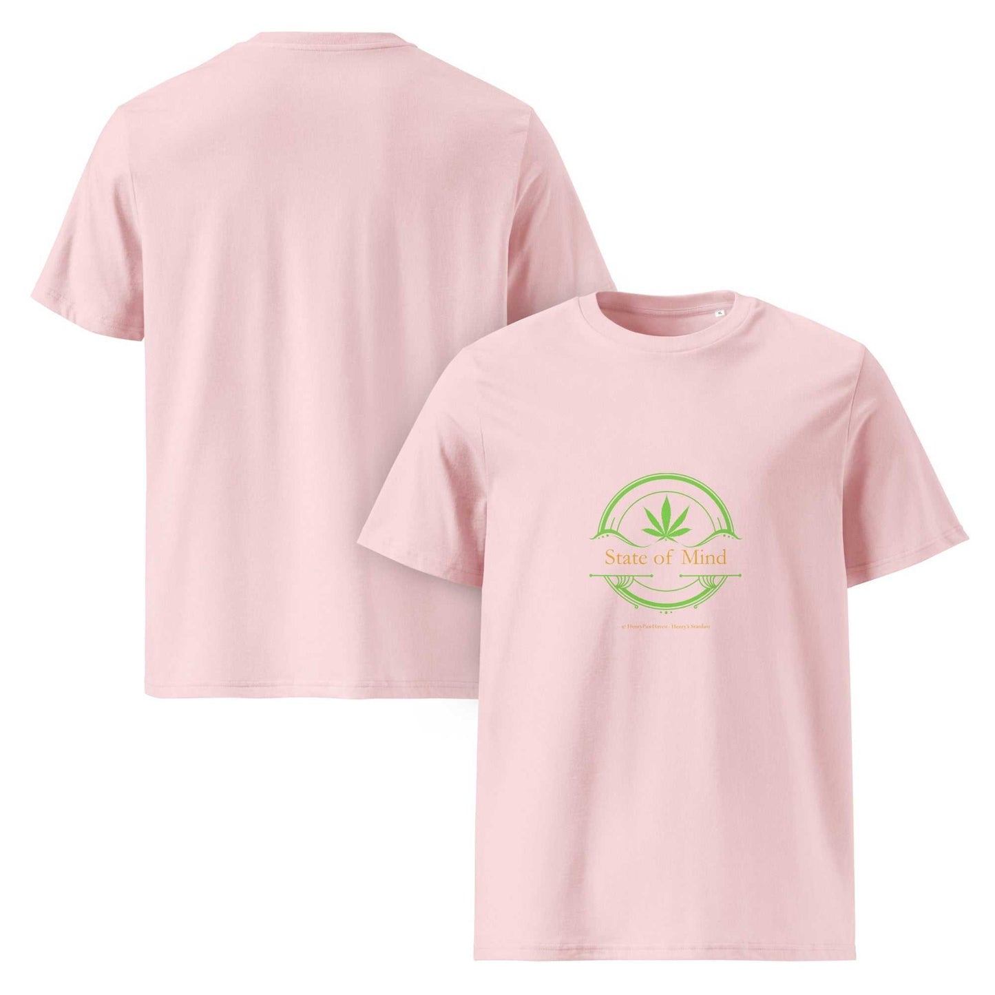 Light pink State of Mind organic cotton unisex t-shirt featuring green emblem. Soft, eco-friendly tee ideal for mindful everyday wear.