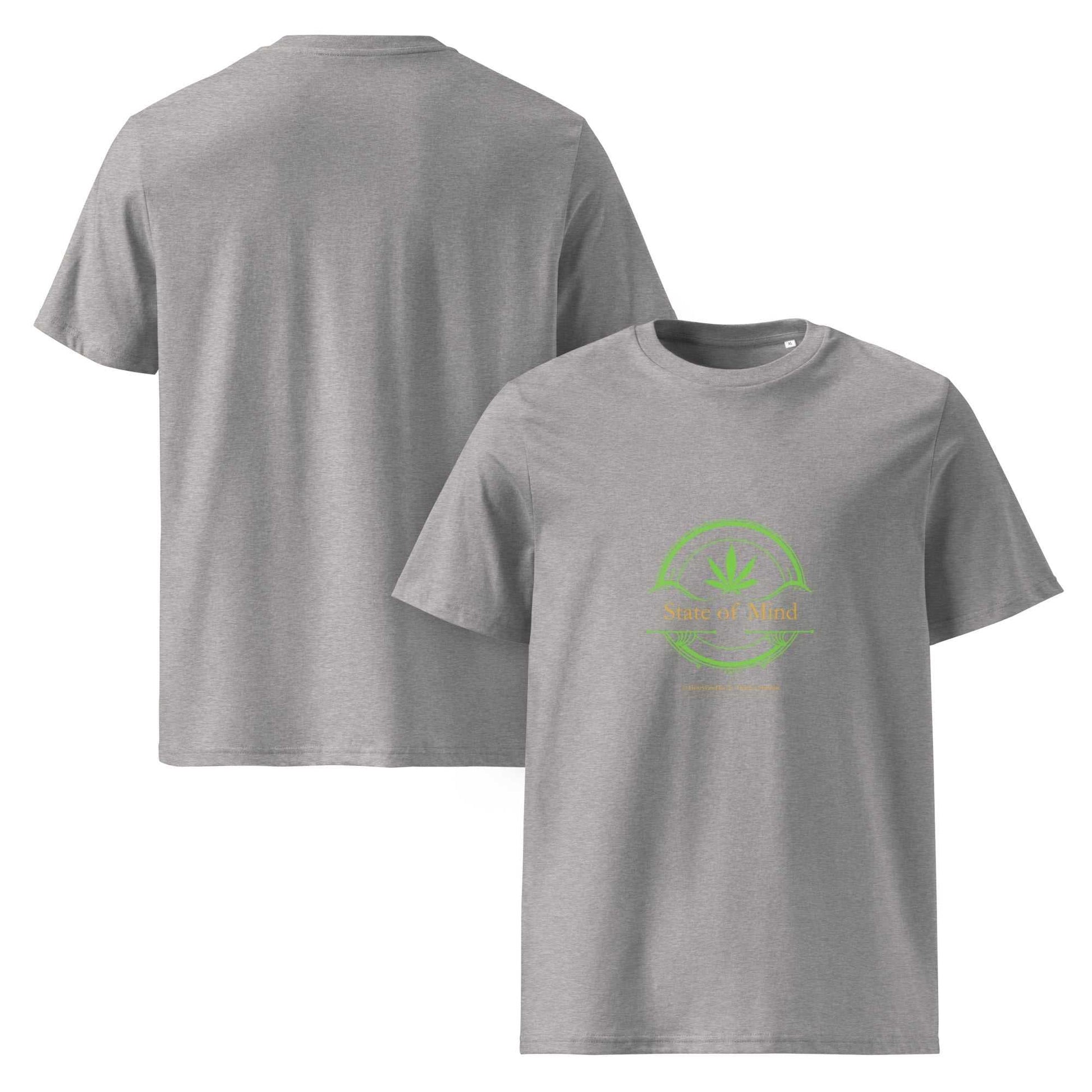 Front and back view of Heather Gray Organic Cotton Unisex T-Shirt - State of Mind green emblem, mindful and eco-friendly for relaxed fashion.