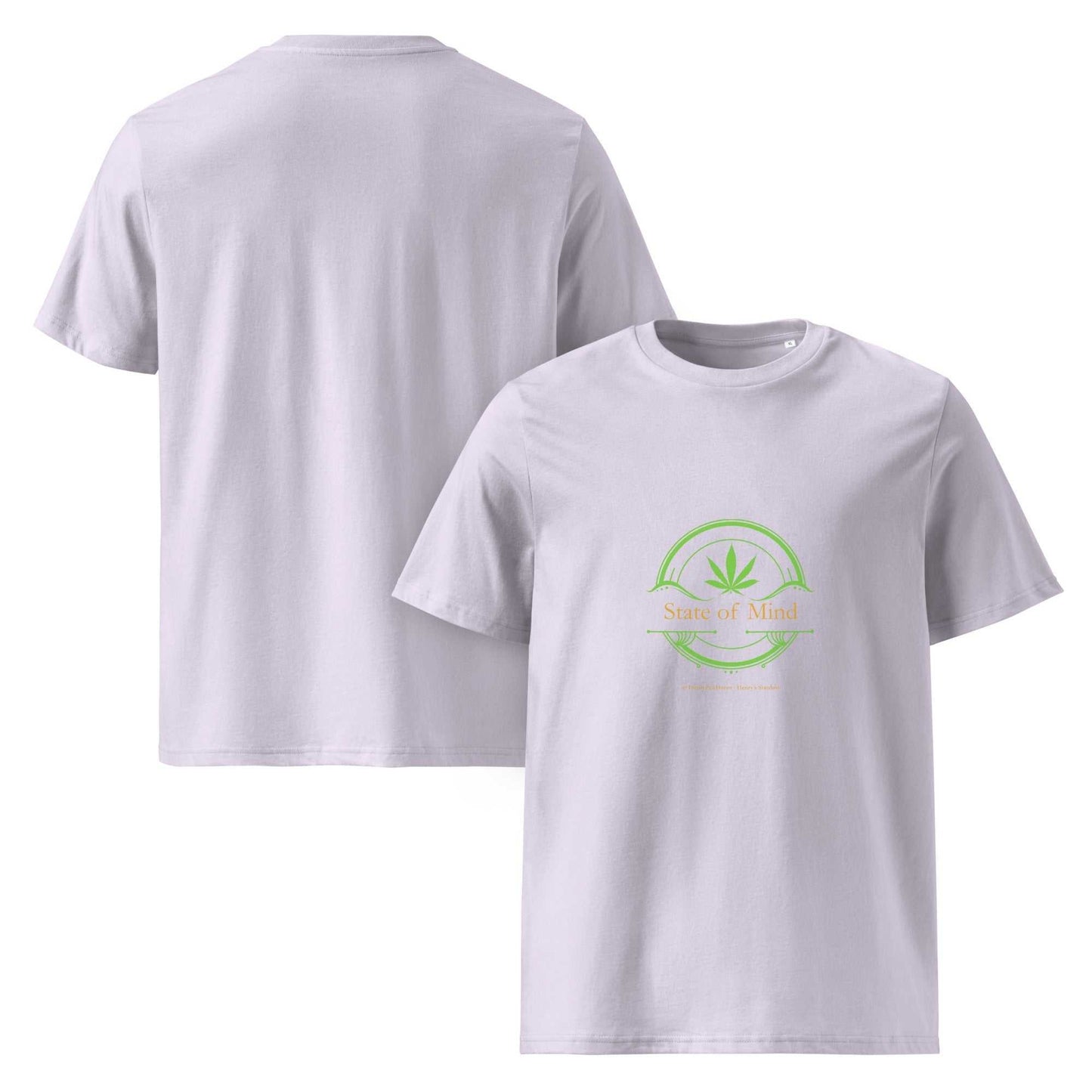 Lavender State of Mind organic cotton unisex t-shirt with green emblem. Comfortable and sustainable choice for casual eco-style.