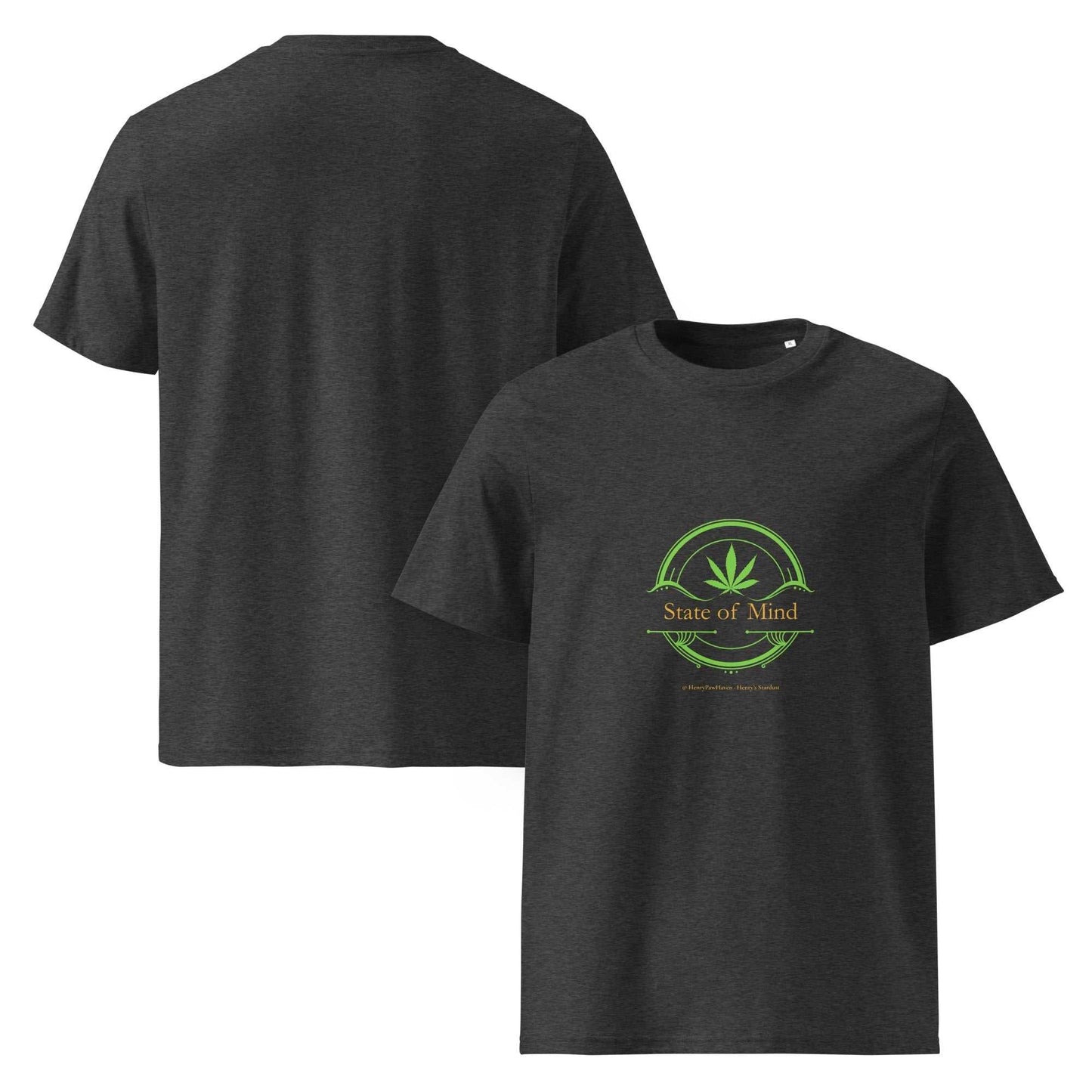 Front and back view of Charcoal Organic Cotton Unisex T-Shirt - State of Mind green emblem, sustainable and relaxed for everyday wear.