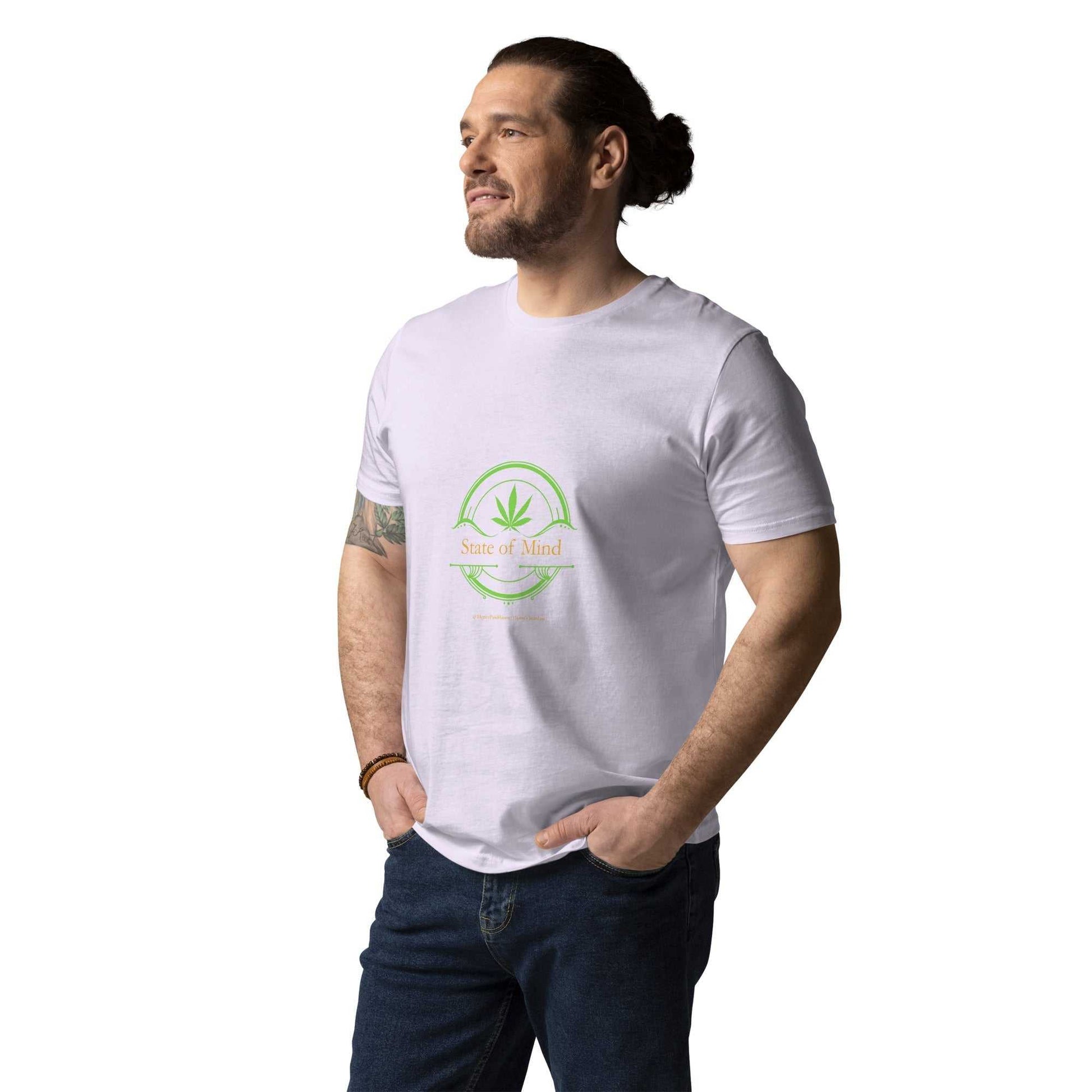 Light Pink Organic Cotton Unisex T-Shirt - State of Mind tee with green emblem, soft and stylish for sustainable lifestyle wear.