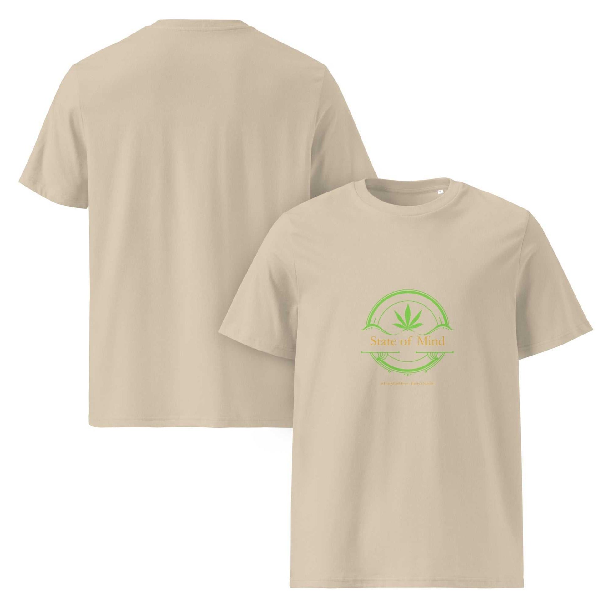 Beige State of Mind organic cotton unisex t-shirt with green emblem design. Sustainable and relaxed fit for eco-conscious fashion lovers.