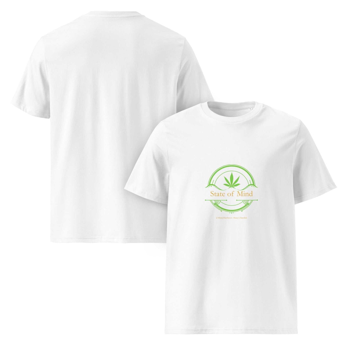 White State of Mind organic cotton unisex t-shirt with green emblem. Minimalist and breathable tee for sustainable fashion lovers.