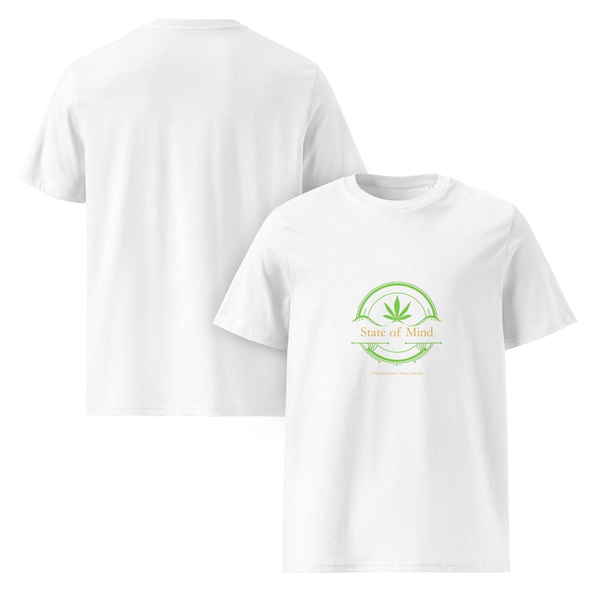 White State of Mind organic cotton unisex t-shirt with green emblem. Minimalist and breathable tee for sustainable fashion lovers.