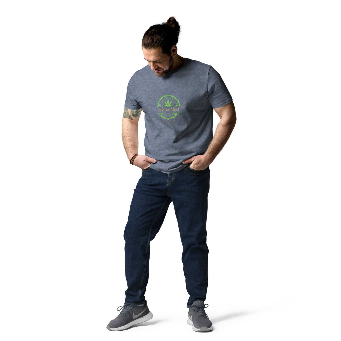 Heather blue State of Mind organic cotton unisex t-shirt with green emblem. Comfortable and eco-friendly tee for everyday wear.