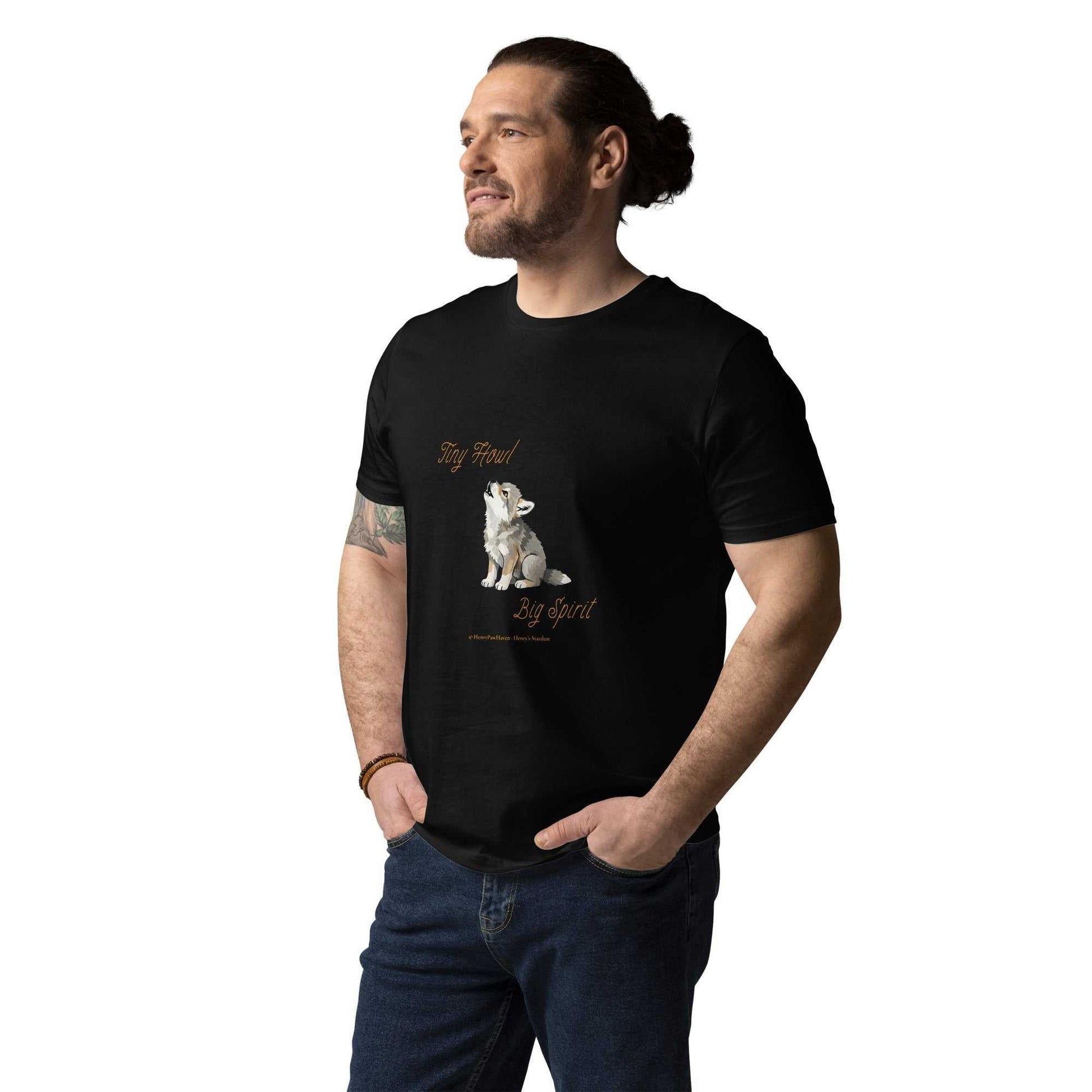 Black unisex organic cotton t-shirt with Tiny Howl Big Spirit baby wolf design. Sustainable fashion with a bold and cheeky twist.