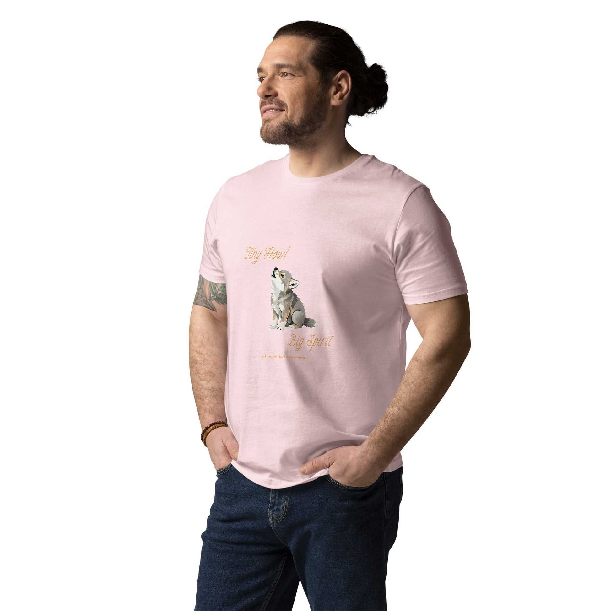 Light pink organic cotton t-shirt with baby wolf and Tiny Howl Big Spirit text, unisex and perfect for fresh, eco-friendly style.