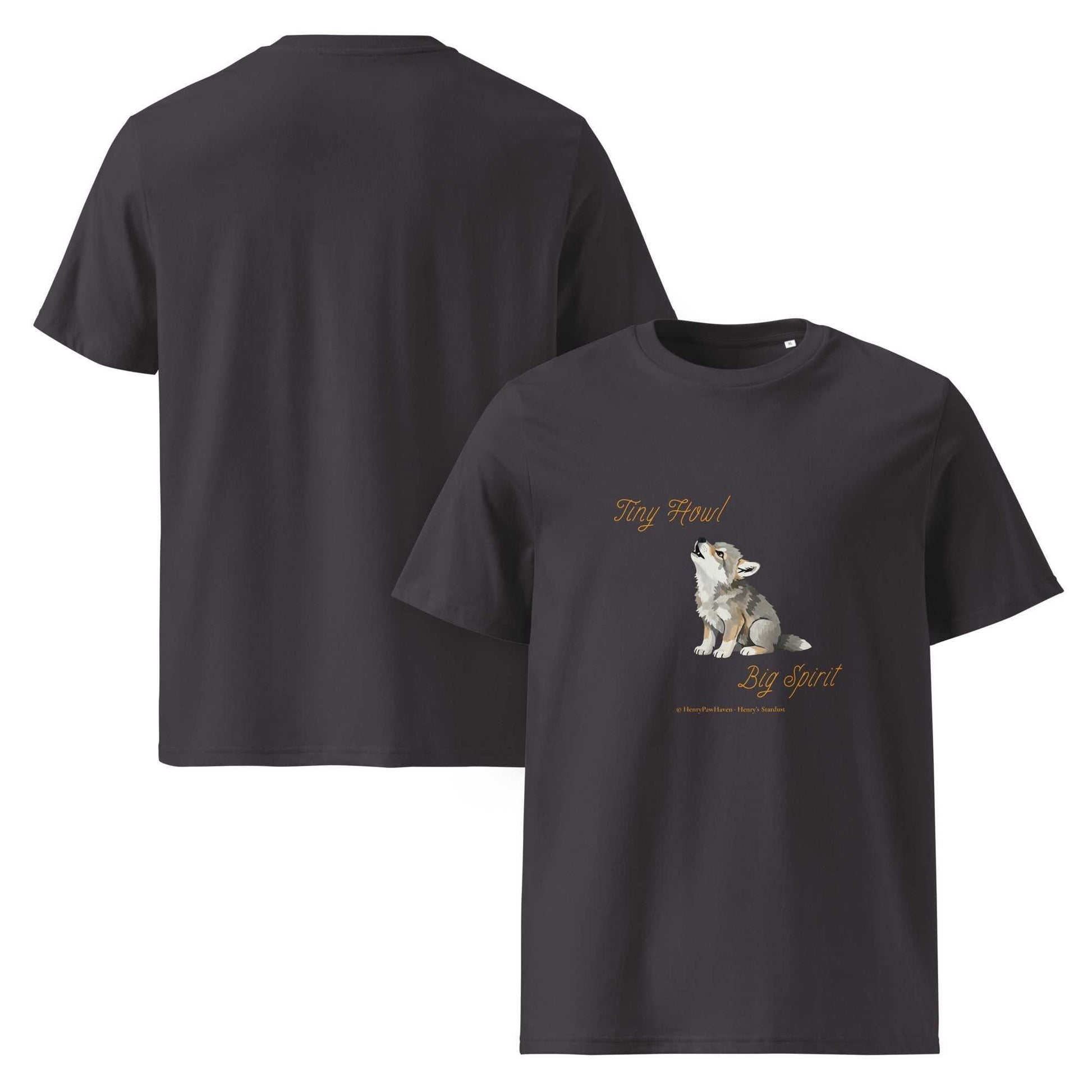 Charcoal unisex organic cotton t-shirt with Tiny Howl Big Spirit baby wolf design. Fresh and ironic sustainable fashion piece.