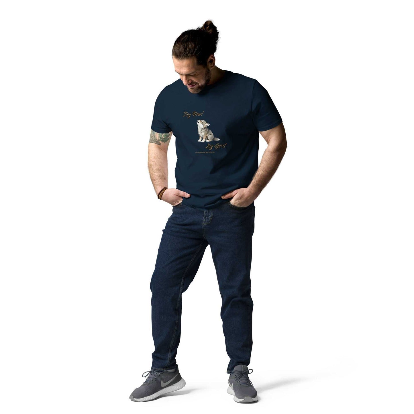 Dark navy unisex t-shirt made from organic cotton with Tiny Howl Big Spirit baby wolf print, stylish and eco-friendly.