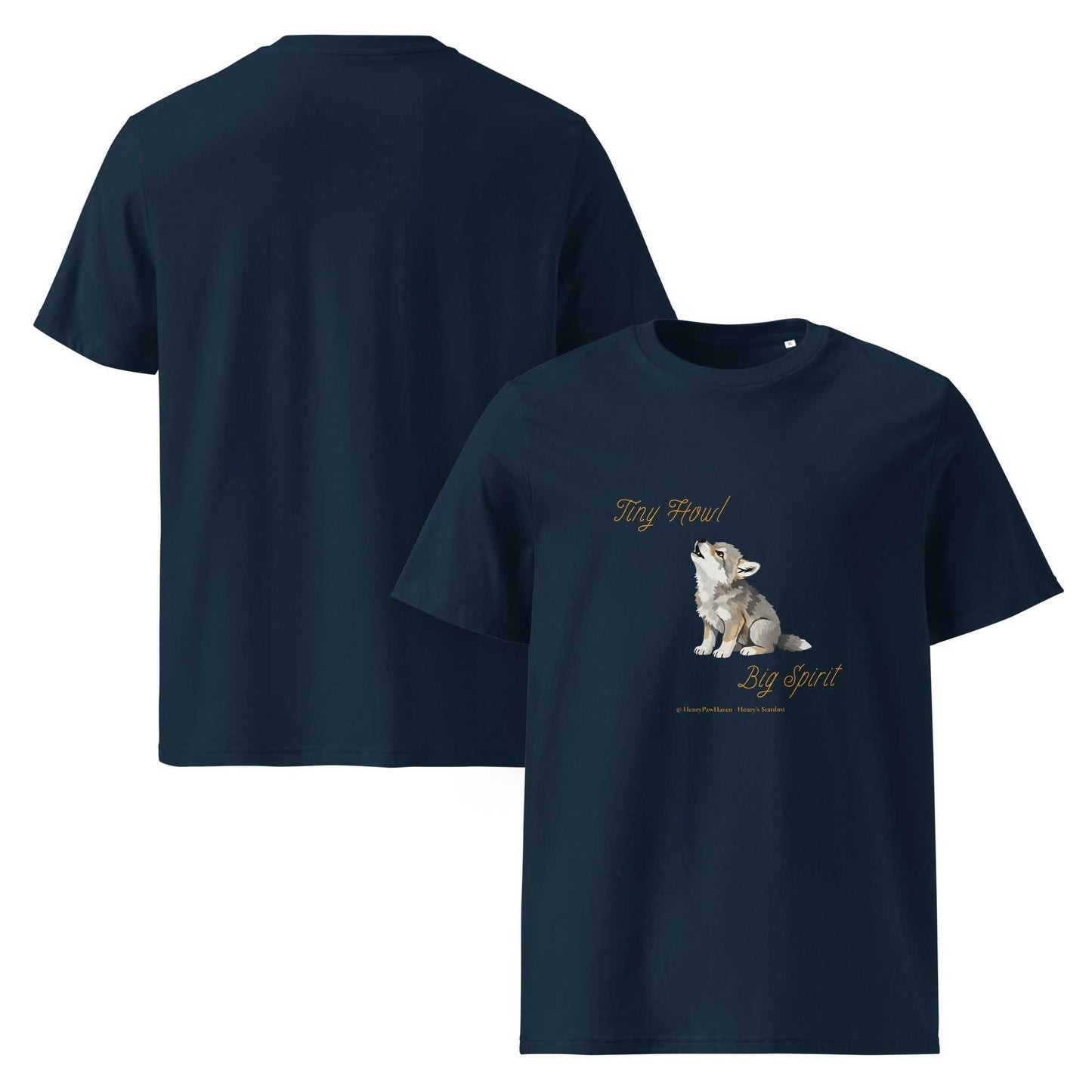 Navy blue organic cotton t-shirt with Tiny Howl Big Spirit baby wolf design. Unisex eco-friendly tee for sustainable wardrobes.