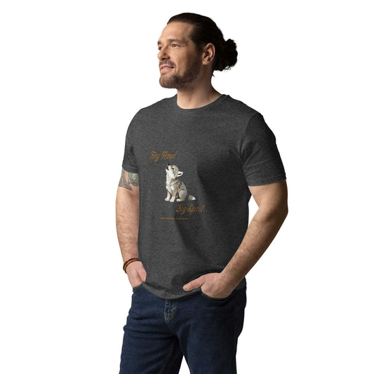 Unisex organic cotton t-shirt in dark heather gray featuring Tiny Howl Big Spirit baby wolf design. Eco-friendly and sustainable fashion tee.