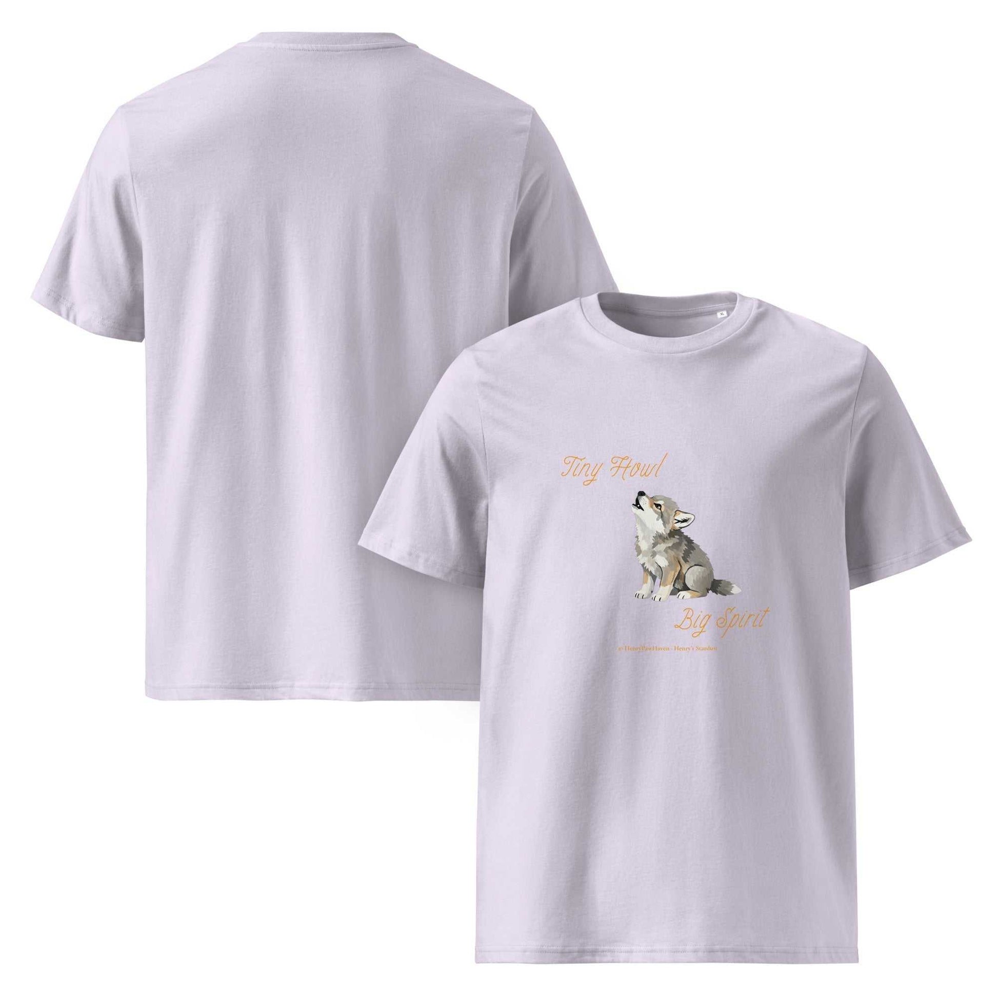 Lavender unisex t-shirt in organic cotton featuring Tiny Howl Big Spirit baby wolf artwork. Soft and sustainable fashion essential.