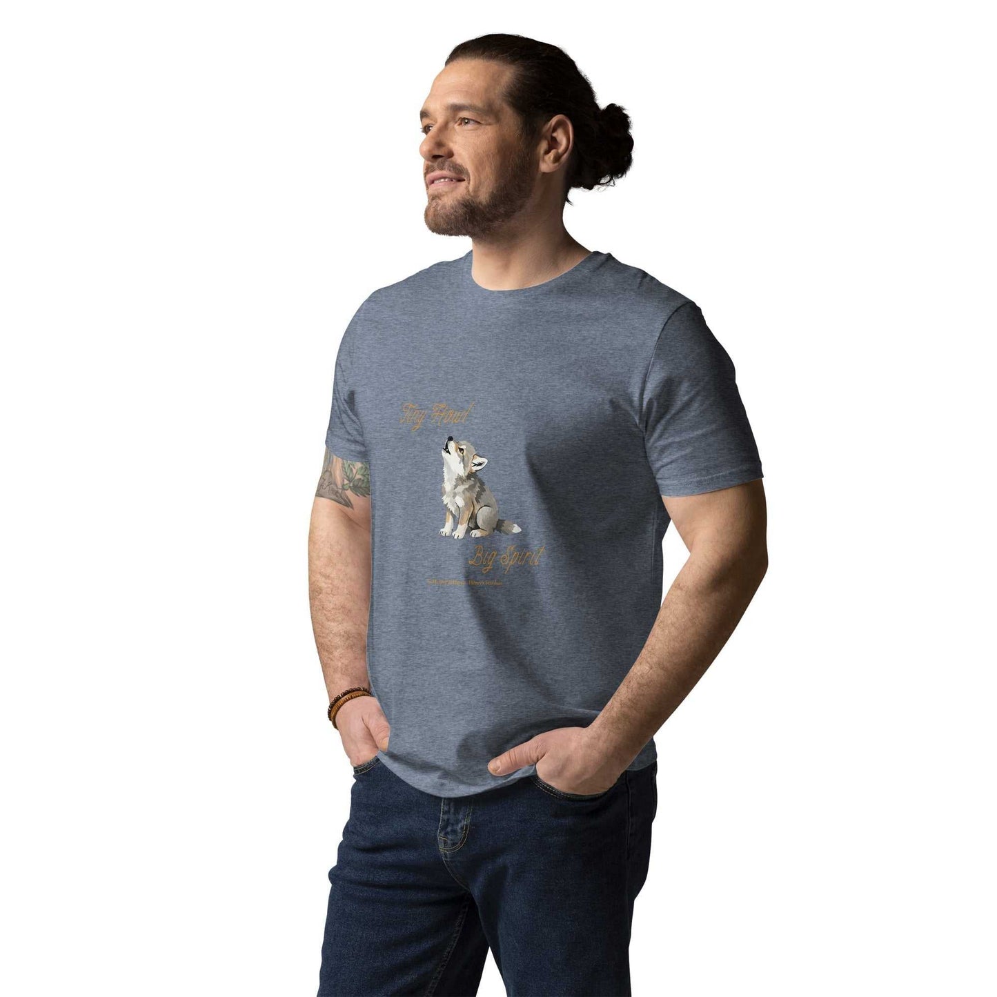 Heather blue organic cotton t-shirt with Tiny Howl Big Spirit baby wolf illustration, unisex fit for sustainable fashion fans.