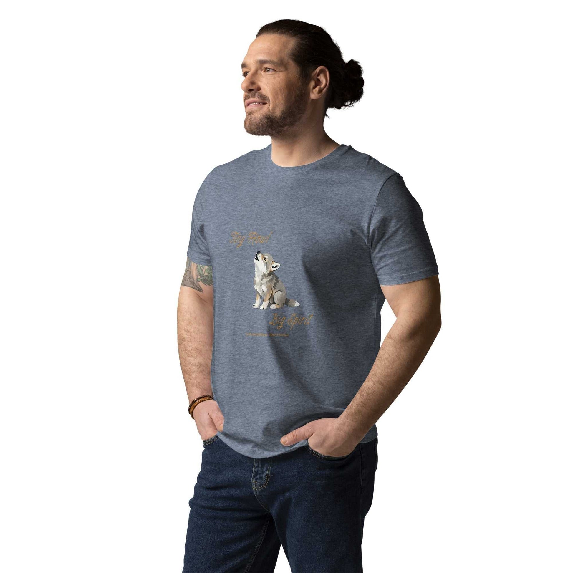 Heather blue organic cotton t-shirt with Tiny Howl Big Spirit baby wolf illustration, unisex fit for sustainable fashion fans.