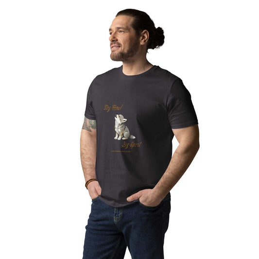 Tiny Howl Big Spirit organic cotton t-shirt in black with baby wolf print. Unisex sustainable fashion top for casual wear.