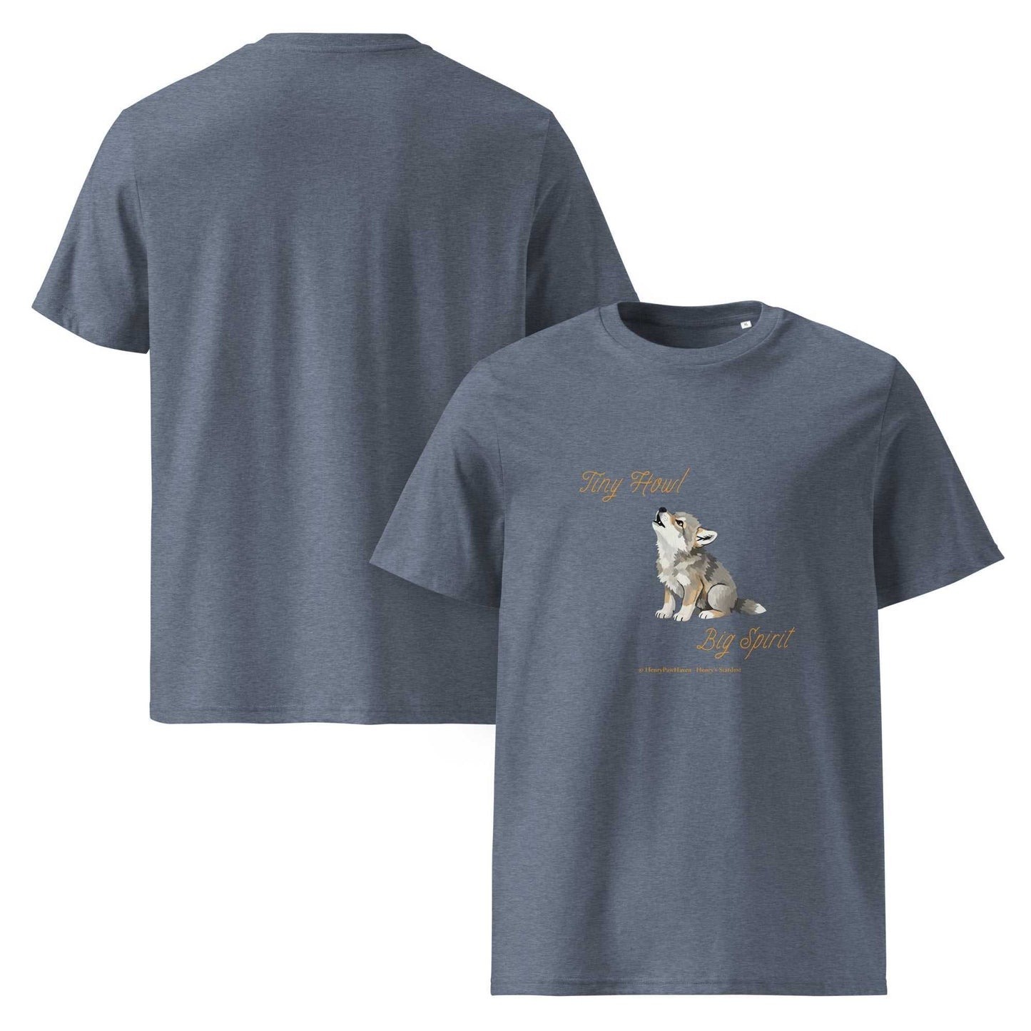 Heather blue organic cotton t-shirt with Tiny Howl Big Spirit baby wolf print. Unisex eco-friendly top for casual outfits.