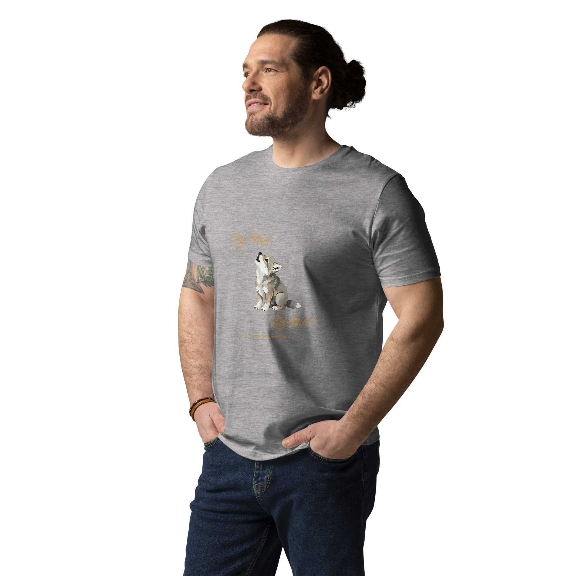 Light gray unisex organic cotton t-shirt with Tiny Howl Big Spirit baby wolf graphic. Soft, eco-conscious clothing choice.