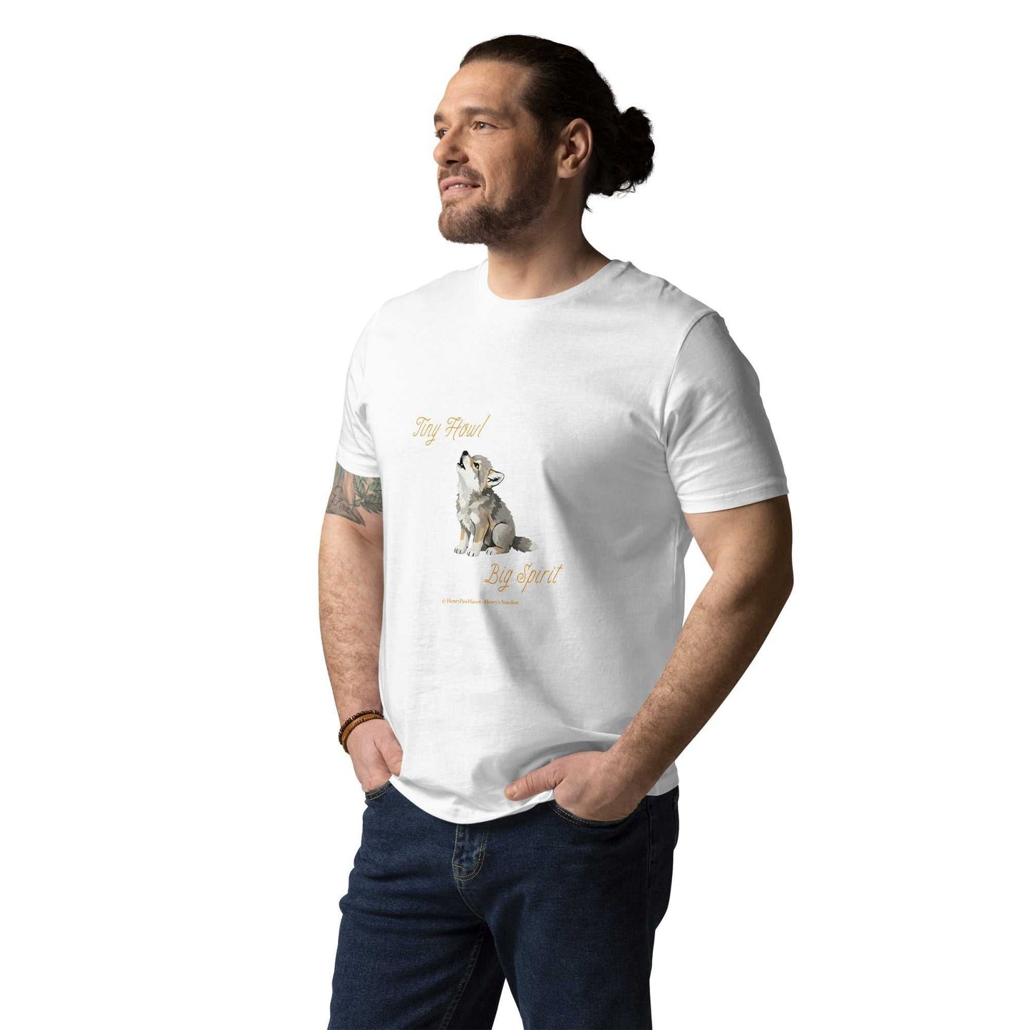 Classic white unisex t-shirt in organic cotton with Tiny Howl Big Spirit baby wolf print, ideal for sustainable everyday wear.