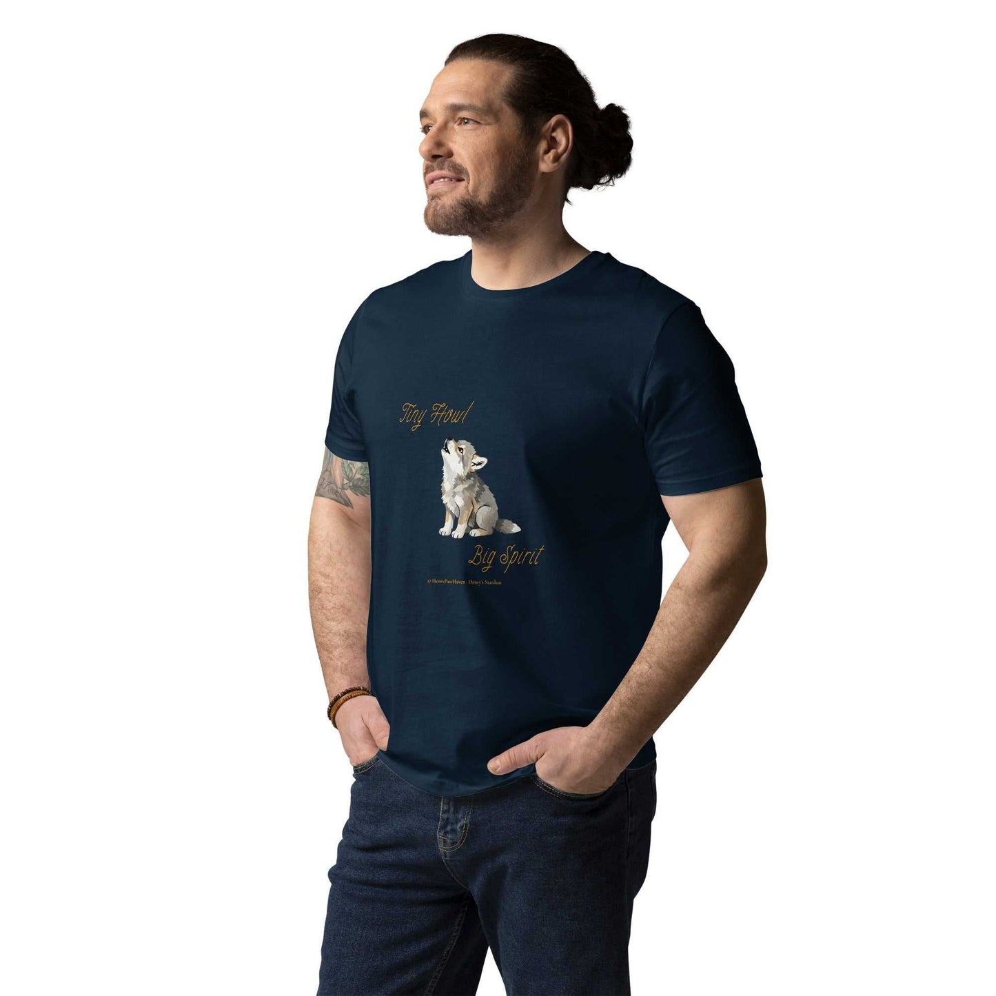 Navy blue organic cotton unisex t-shirt featuring Tiny Howl Big Spirit baby wolf graphic, perfect for sustainable casual wear.