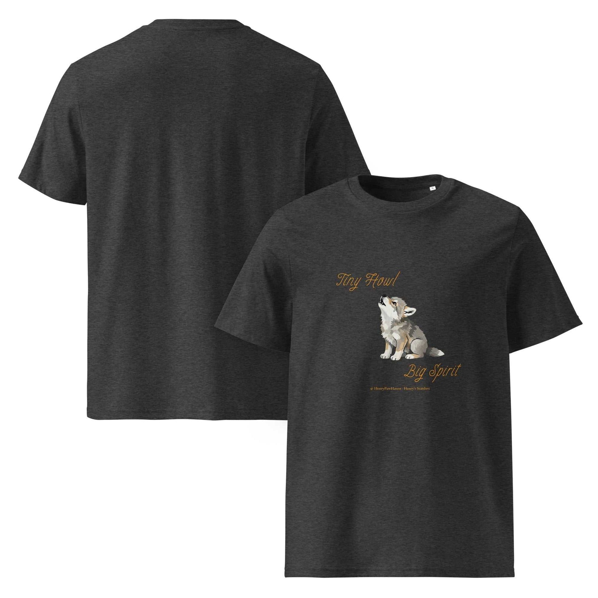 Dark heather gray unisex t-shirt made from organic cotton featuring Tiny Howl Big Spirit baby wolf artwork. Sustainable and cheeky fashion.