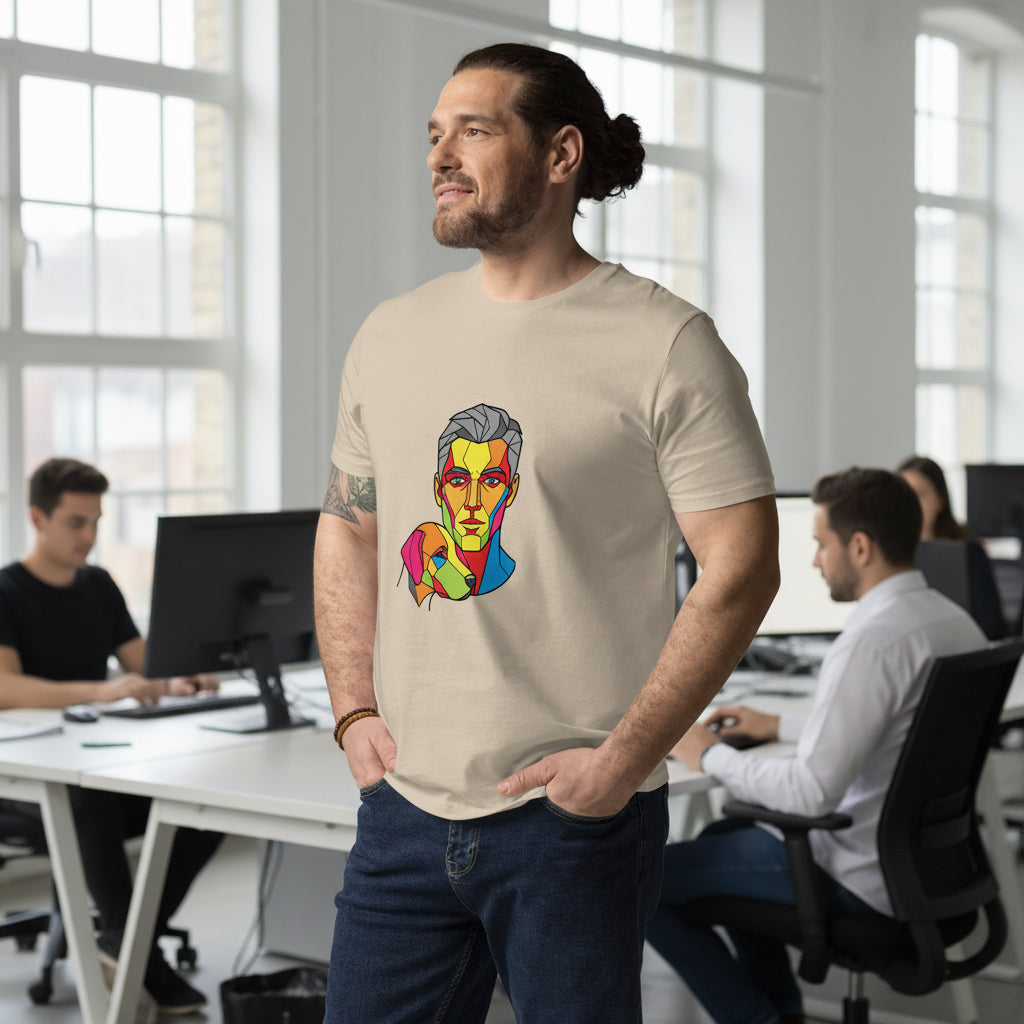 Man wearing a beige T-shirt withh colourful art depicting a man and his dog