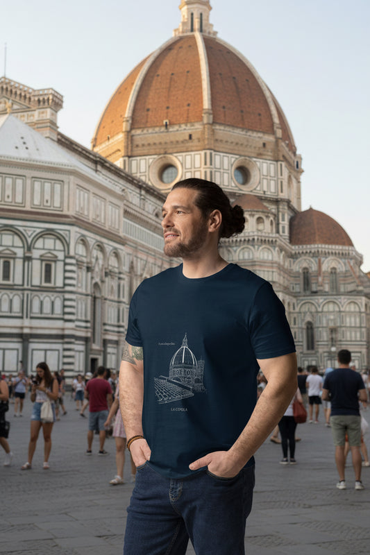 Man wearing a dark blue t-shirt with line art of the Cuppola in Florence