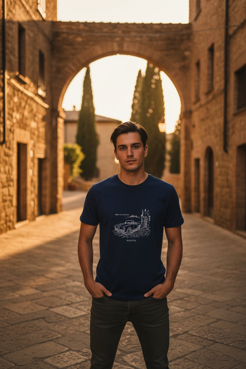 dark blue T-shirt with line-art of a vintage italitan sportscar on the road