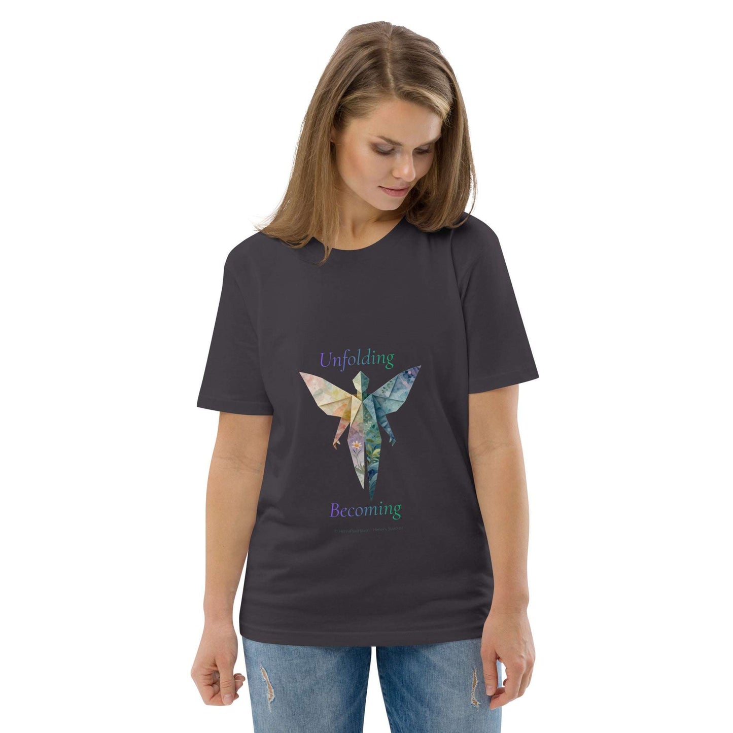 BOMBY Unfolding origamis silhouette Organic Cotton T-Shirt in charcoal black, showcasing eco-conscious design with artistic butterfly origami motif.