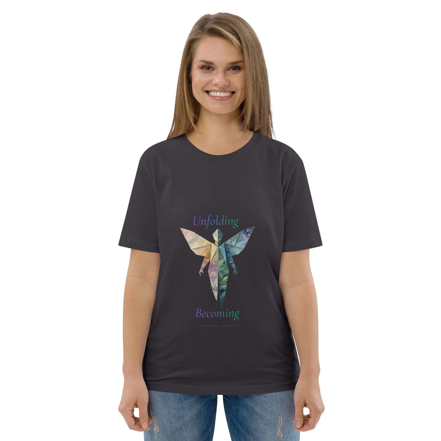 BOMBY Unfolding origamis silhouette Organic Cotton T-Shirt in dark gray with vibrant origami butterfly print symbolizing transformation and growth.