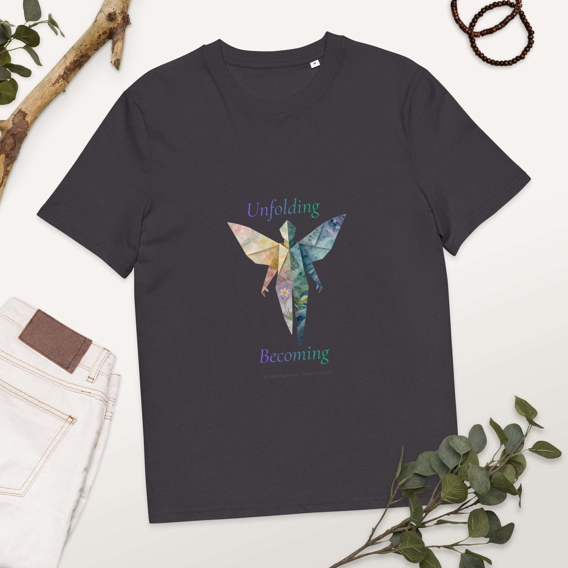 BOMBY Unfolding origamis silhouette Organic Cotton T-Shirt in charcoal with vibrant geometric butterfly figure and inspirational typography.