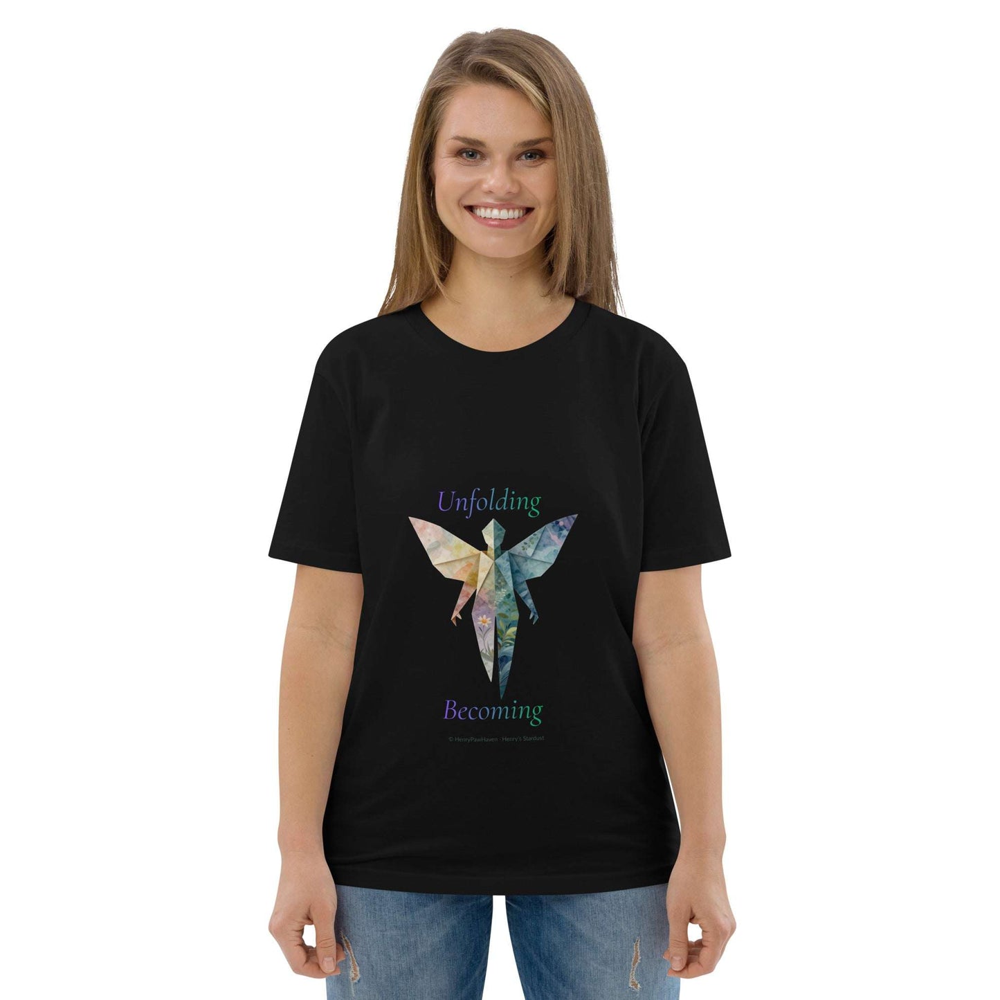 BOMBY Unfolding origamis silhouette Organic Cotton T-Shirt in black with butterfly-winged design symbolizing transformation and growth.