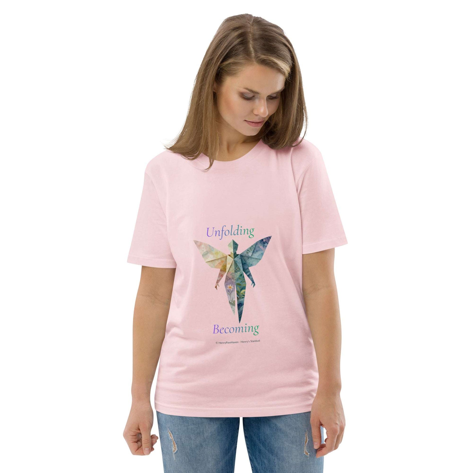 BOMBY Unfolding origamis silhouette Organic Cotton T-Shirt in light pink with butterfly-winged design symbolizing transformation and growth.