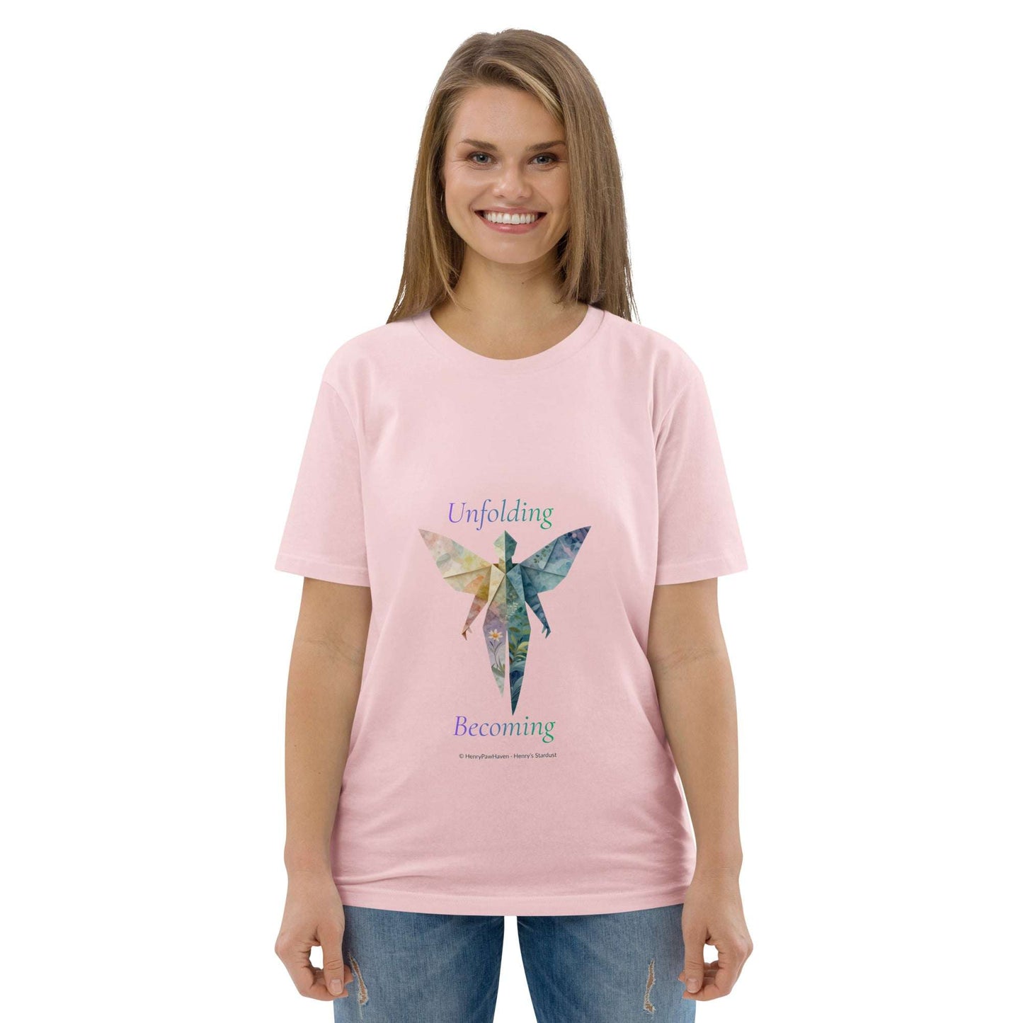 BOMBY Unfolding origamis silhouette Organic Cotton T-Shirt in pink featuring a multicolor butterfly origami motif, PETA-Approved Vegan and OEKO-TEX certified.