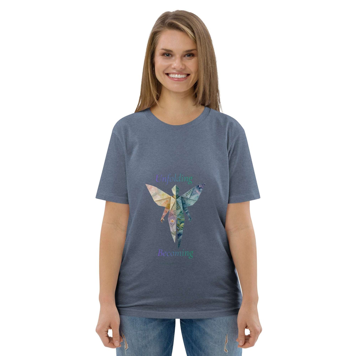 BOMBY Unfolding origamis silhouette Organic Cotton T-Shirt in denim blue, featuring a colorful butterfly origami symbol and sustainable fashion message.