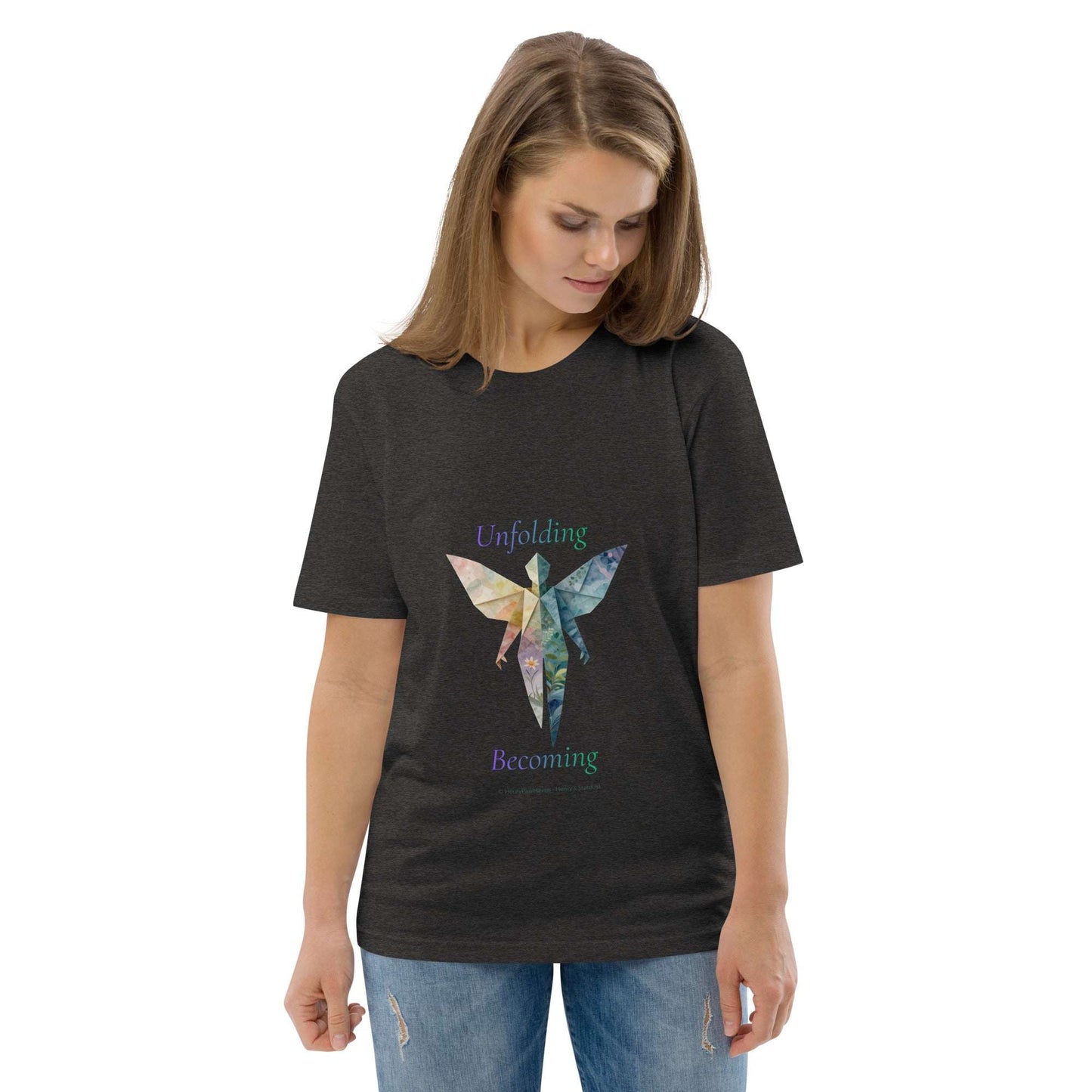 BOMBY Unfolding origamis silhouette Organic Cotton T-Shirt in black featuring a colorful butterfly-winged origami design with 'Unfolding Becoming' text.