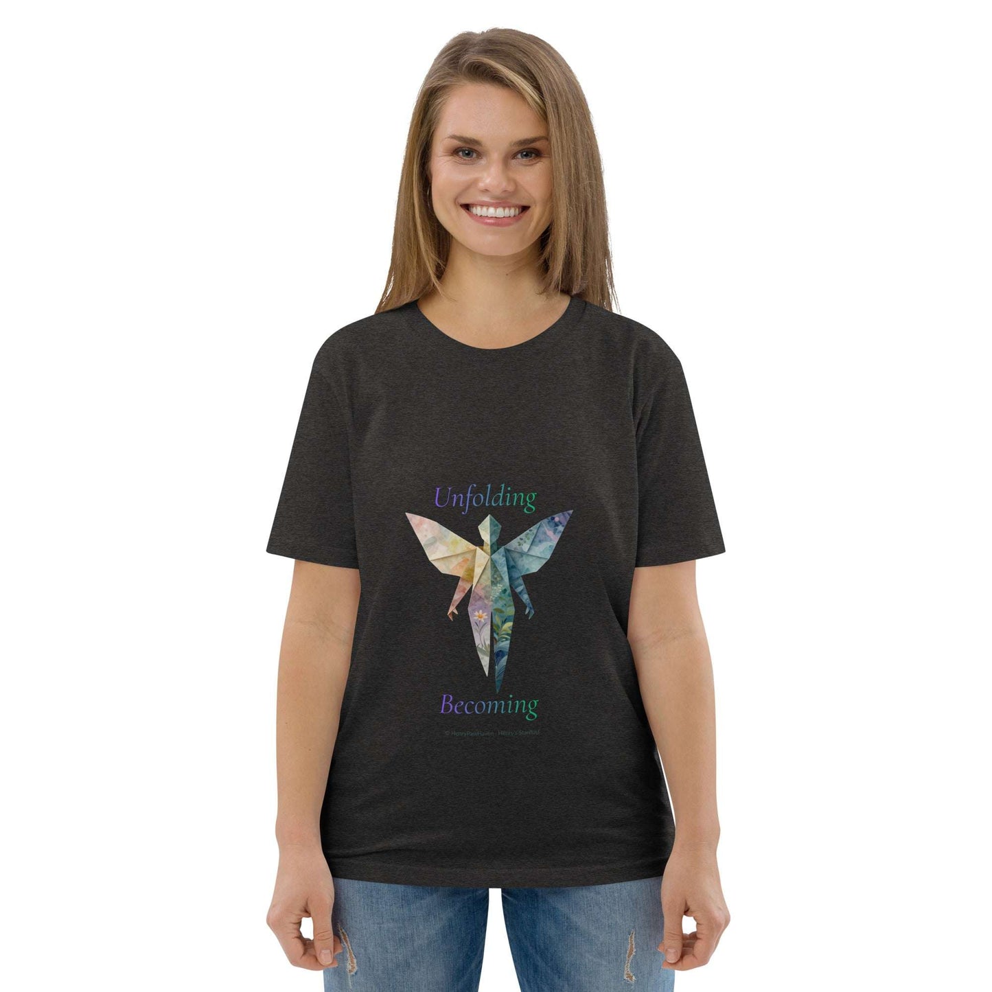 Charcoal BOMBY Unfolding origamis silhouette Organic Cotton T-Shirt with colorful butterfly origami print and sustainable fashion appeal.