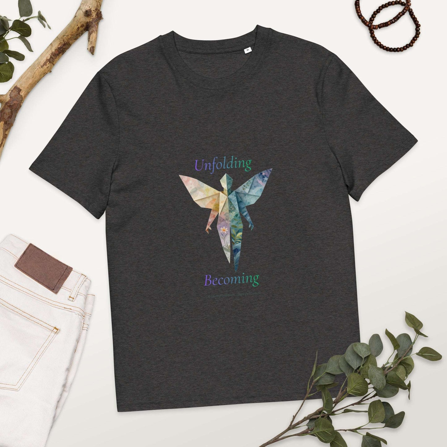 BOMBY Unfolding origamis silhouette Organic Cotton T-Shirt in dark heather gray with artistic butterfly-winged design and eco-conscious message.