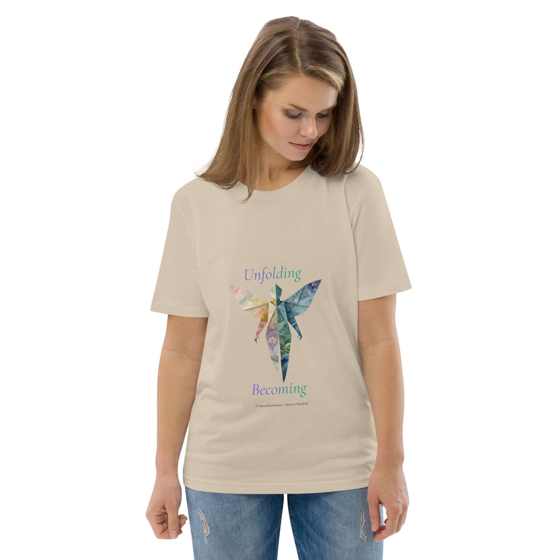 Beige BOMBY Unfolding origamis silhouette Organic Cotton T-Shirt showcasing a symbolic butterfly origami design for growth and transformation.