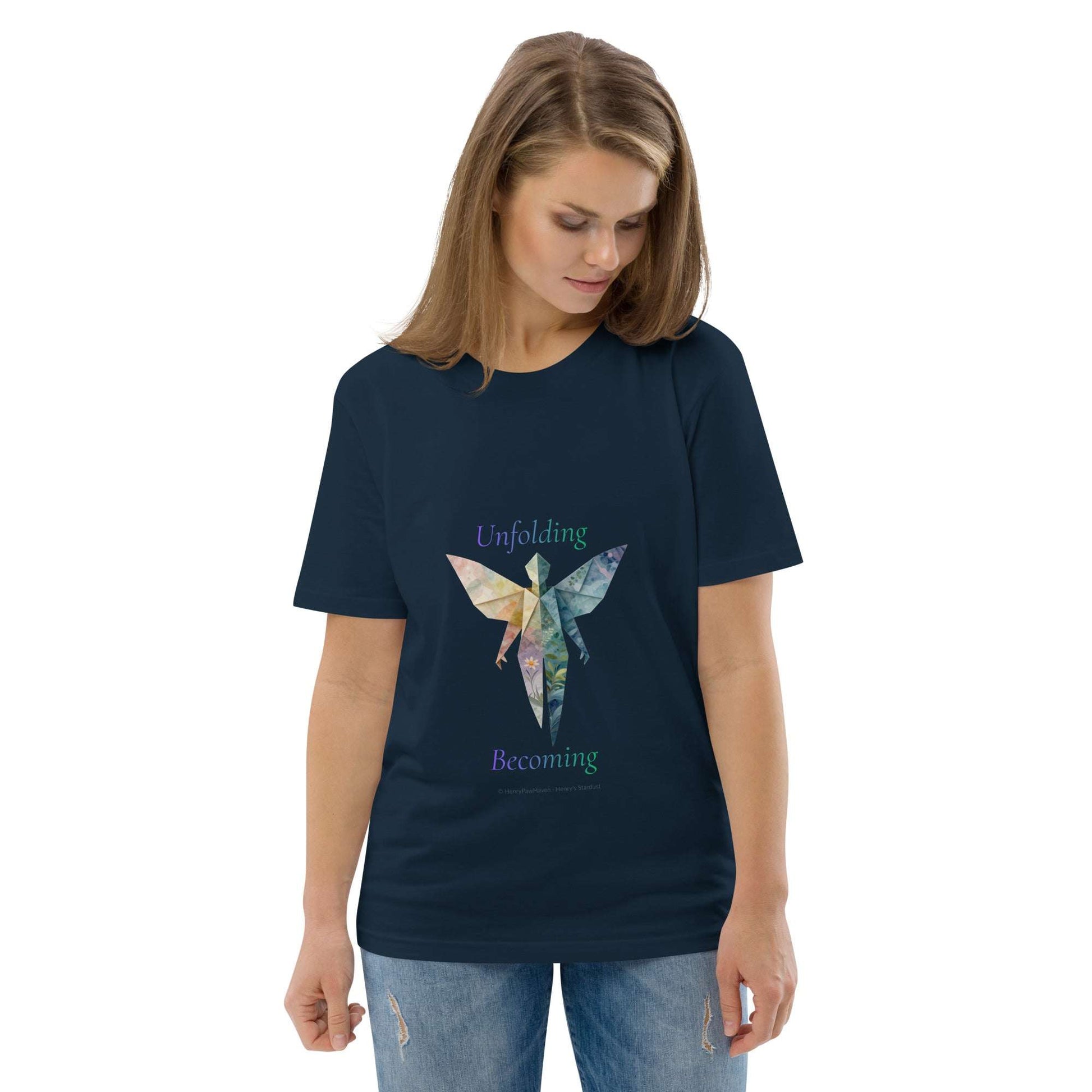 BOMBY Unfolding origamis silhouette Organic Cotton T-Shirt in navy, showcasing a vibrant origami butterfly symbol of personal growth.