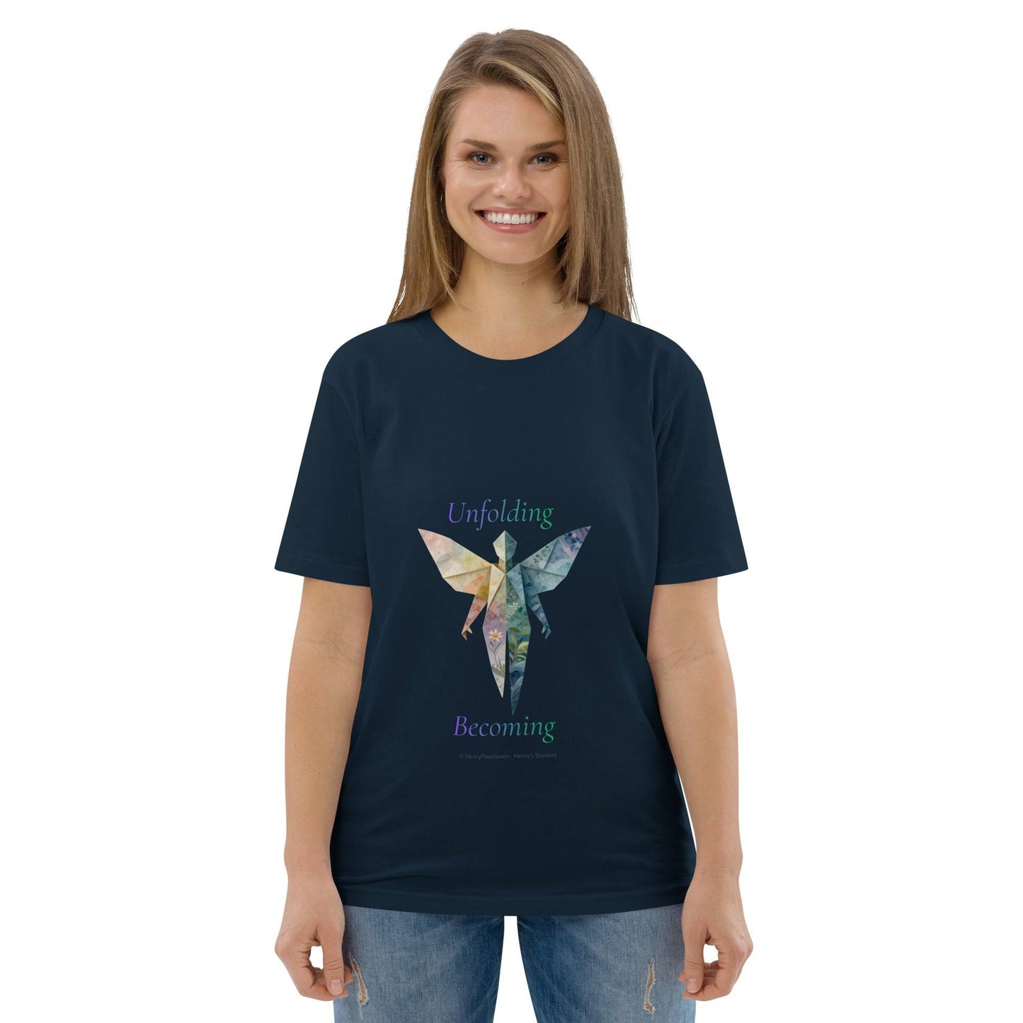 Navy BOMBY Unfolding origamis silhouette Organic Cotton T-Shirt with artistic butterfly-winged origami print and eco-conscious message.