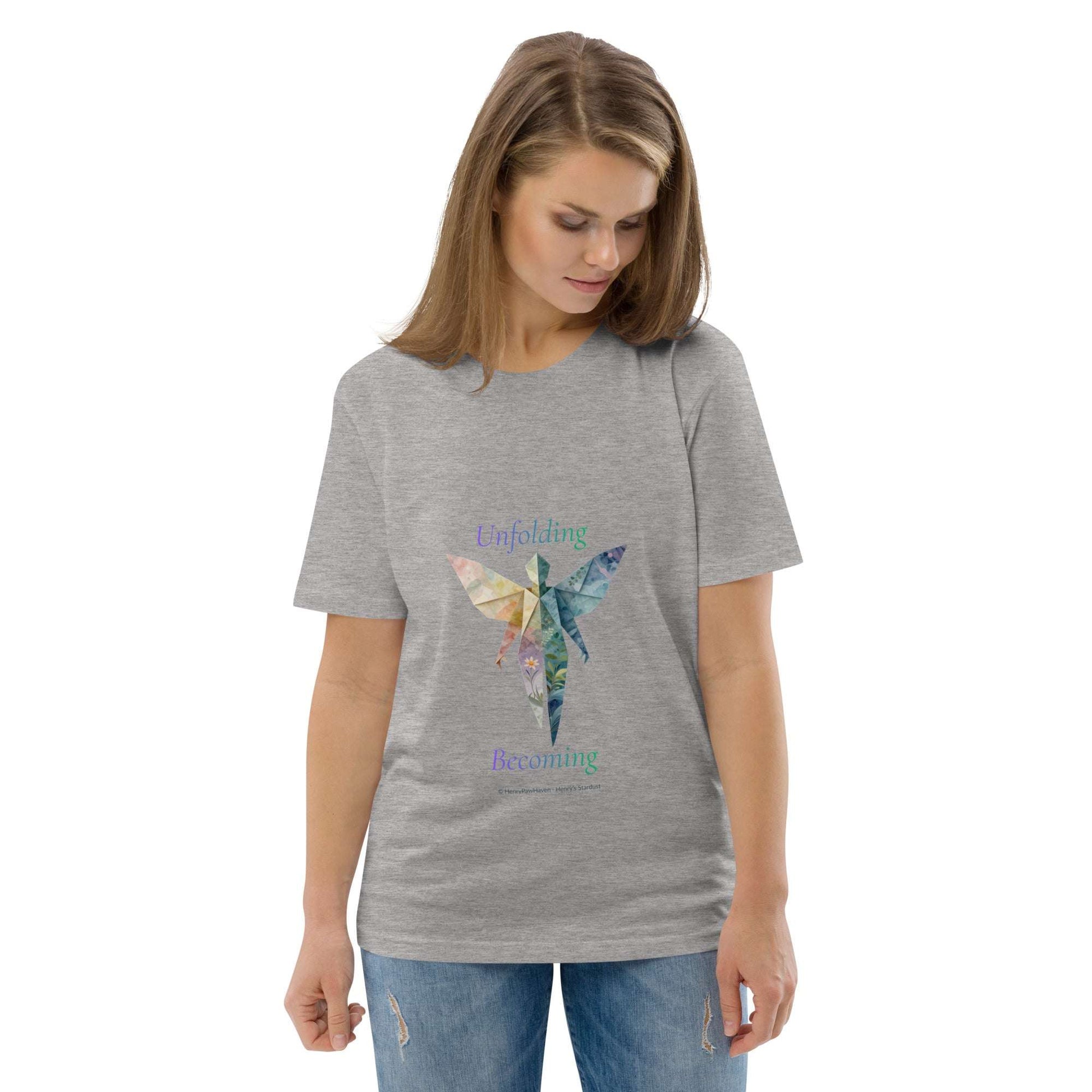 Grey BOMBY Unfolding origamis silhouette Organic Cotton T-Shirt with artistic butterfly origami print, made from GOTS-certified organic cotton.